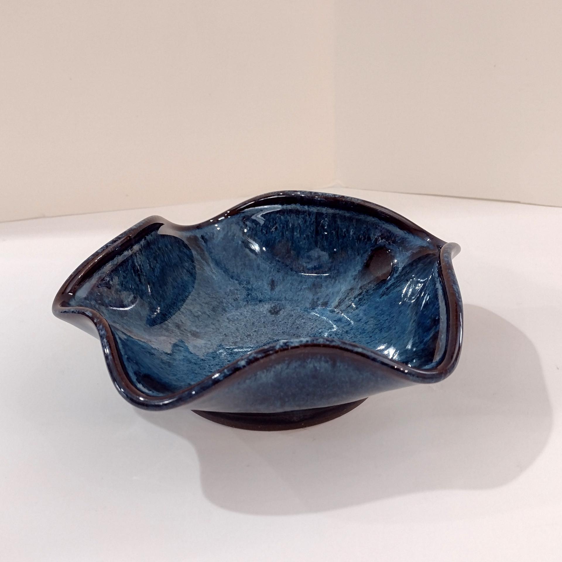 Hand Crafted Wavy Abstract Blue Ceramic Bowl, Artisan Pottery, Decorative Studio Pottery Ceramic Bowl