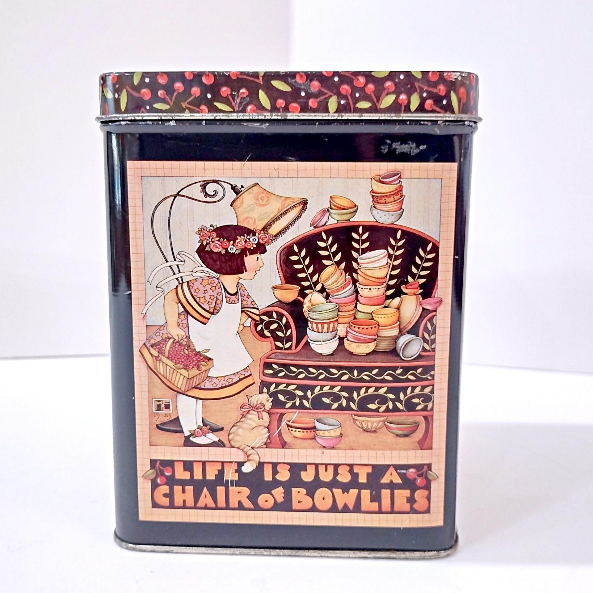 Vintage Life is Just a Chair of Bowlies 1986 Mary Engelbright Tin Storage Container Box