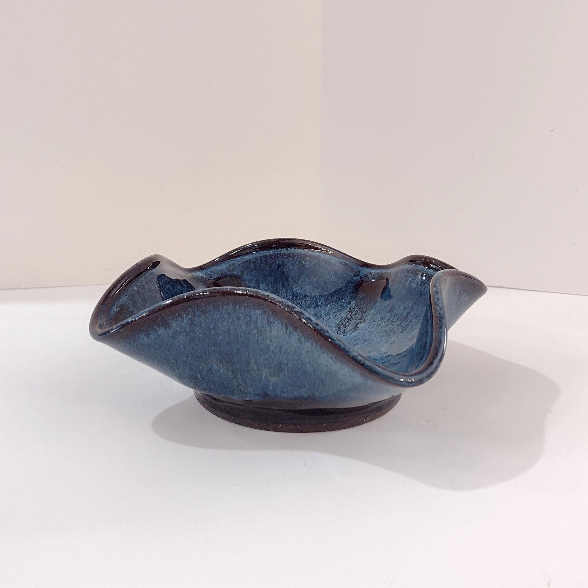 Hand Crafted Wavy Abstract Blue Ceramic Bowl, Artisan Pottery, Decorative Studio Pottery Ceramic Bowl