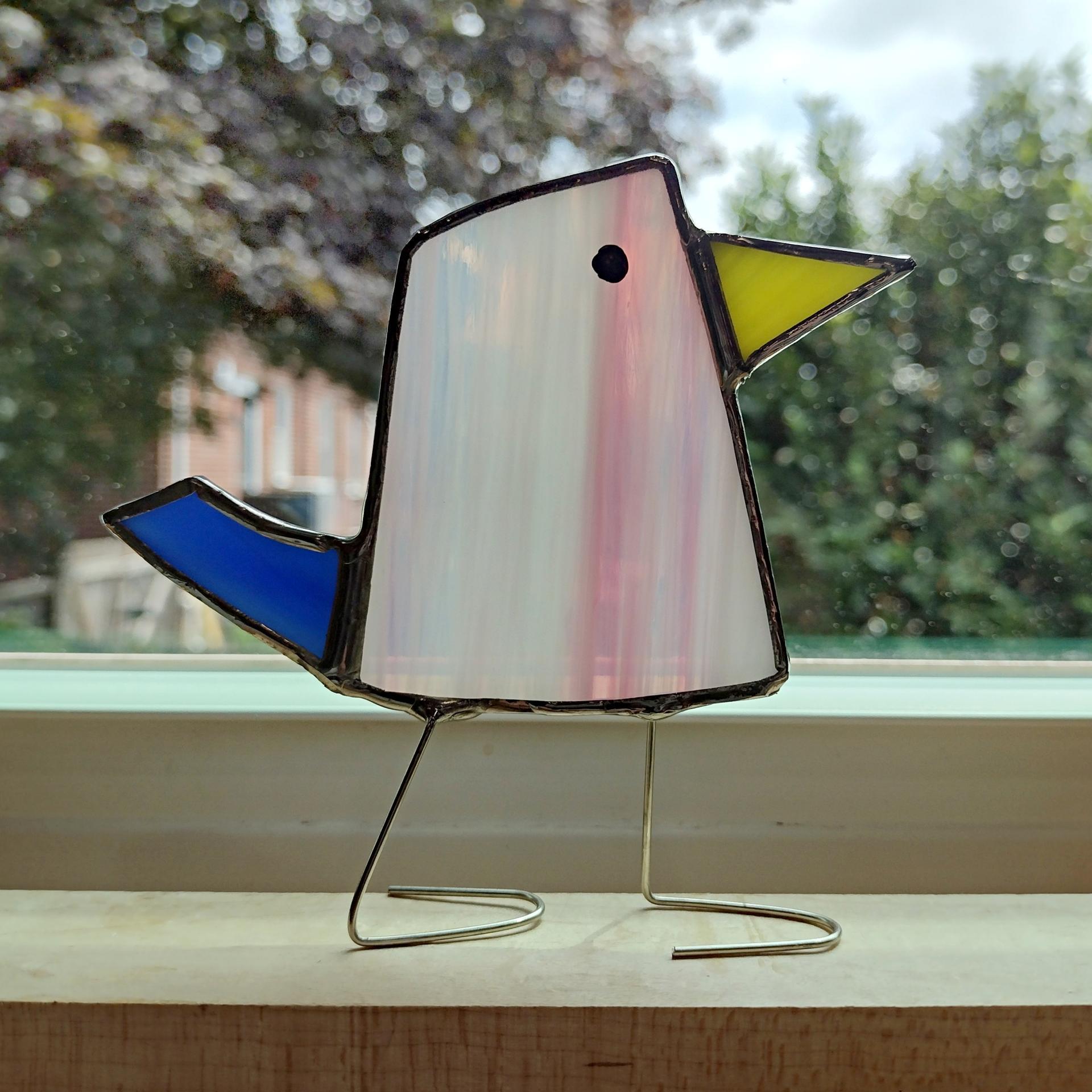 Stained Glass Standing Bird, Funky Pink and Blue Glass Bird Suncatcher, Bird Lover Gift, Windowsill Sitter