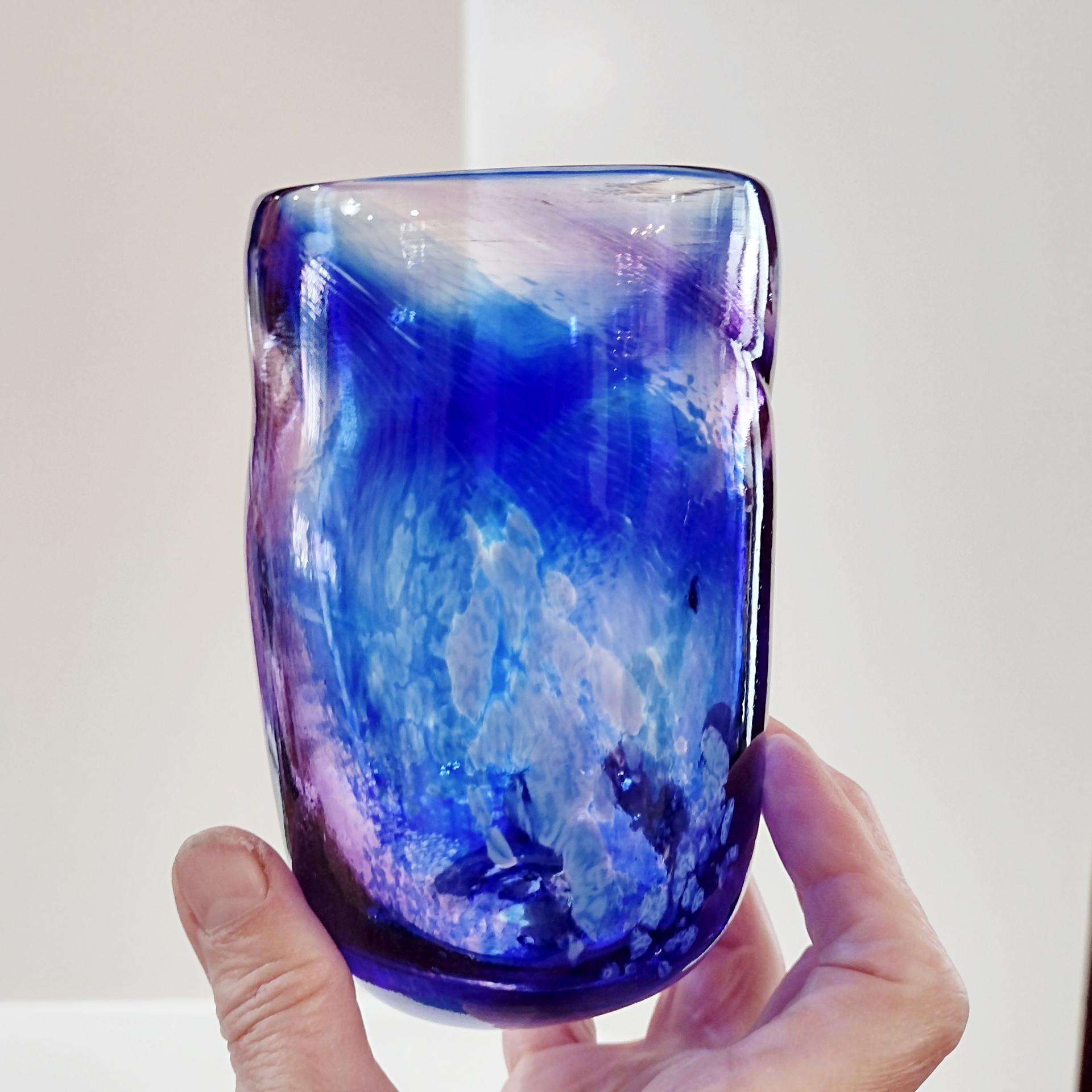 Vintage Blue and Purple Blown Studio Art Glass Tumbler, Hand Blown Glass Votive Candle Holder