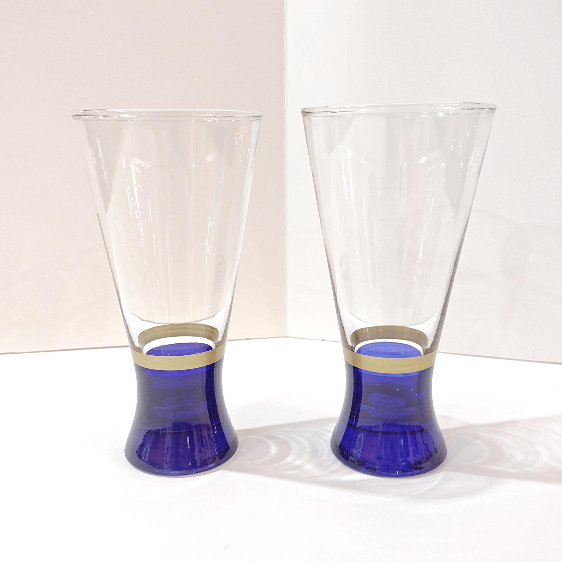 Vintage Blue and Gold Banded Pilsner Beer Glasses, Set of Two