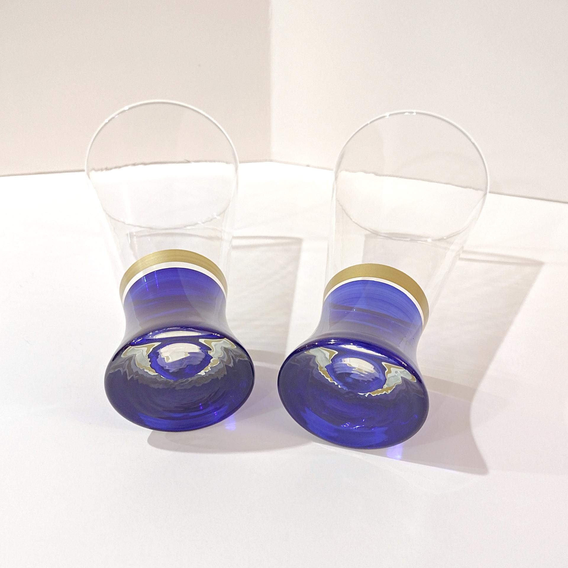 Vintage Blue and Gold Banded Pilsner Beer Glasses, Set of Two