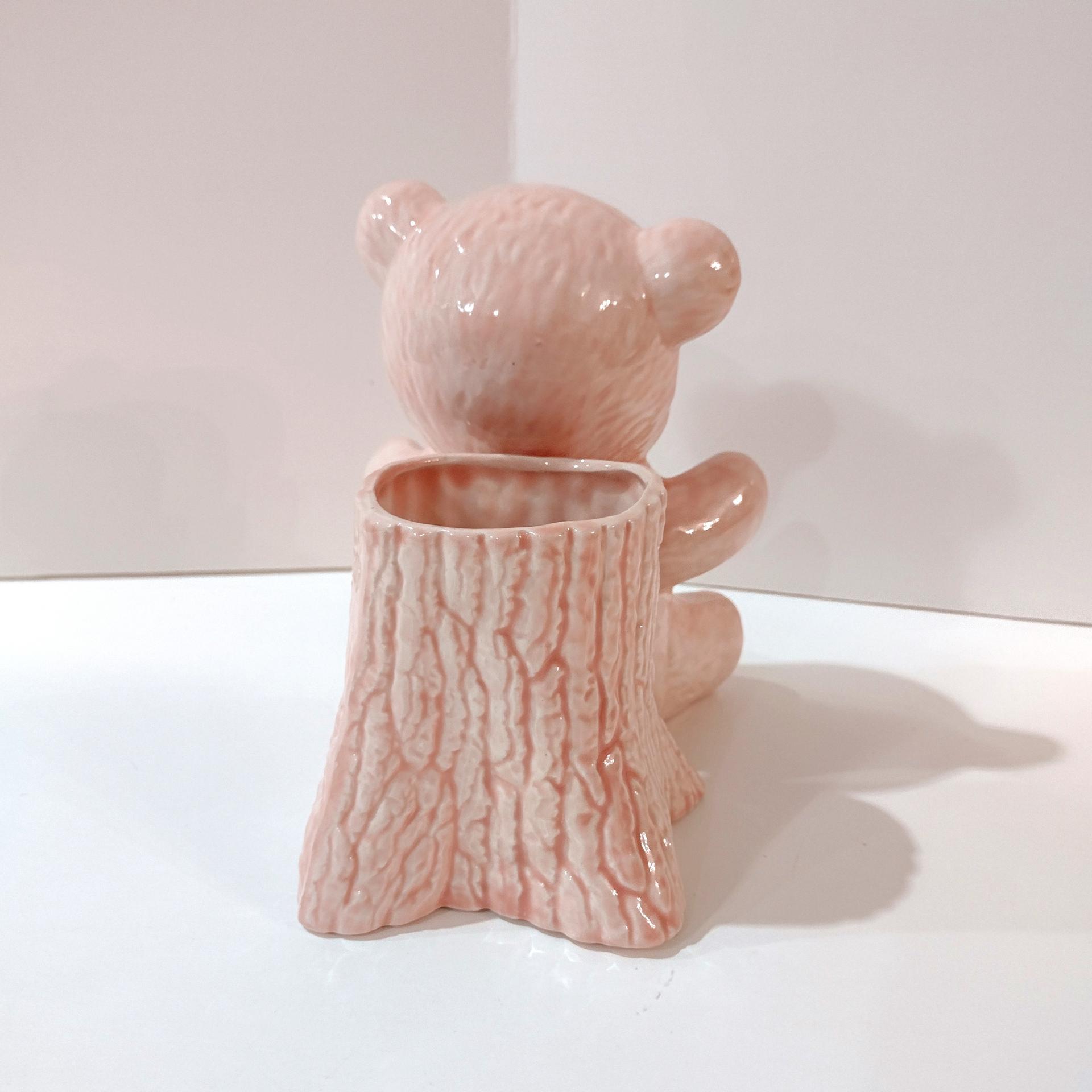 Vintage Pink Teddy Bear and Tree Trunk Ceramic Planter, Child's Room Decor Caddy / Holder