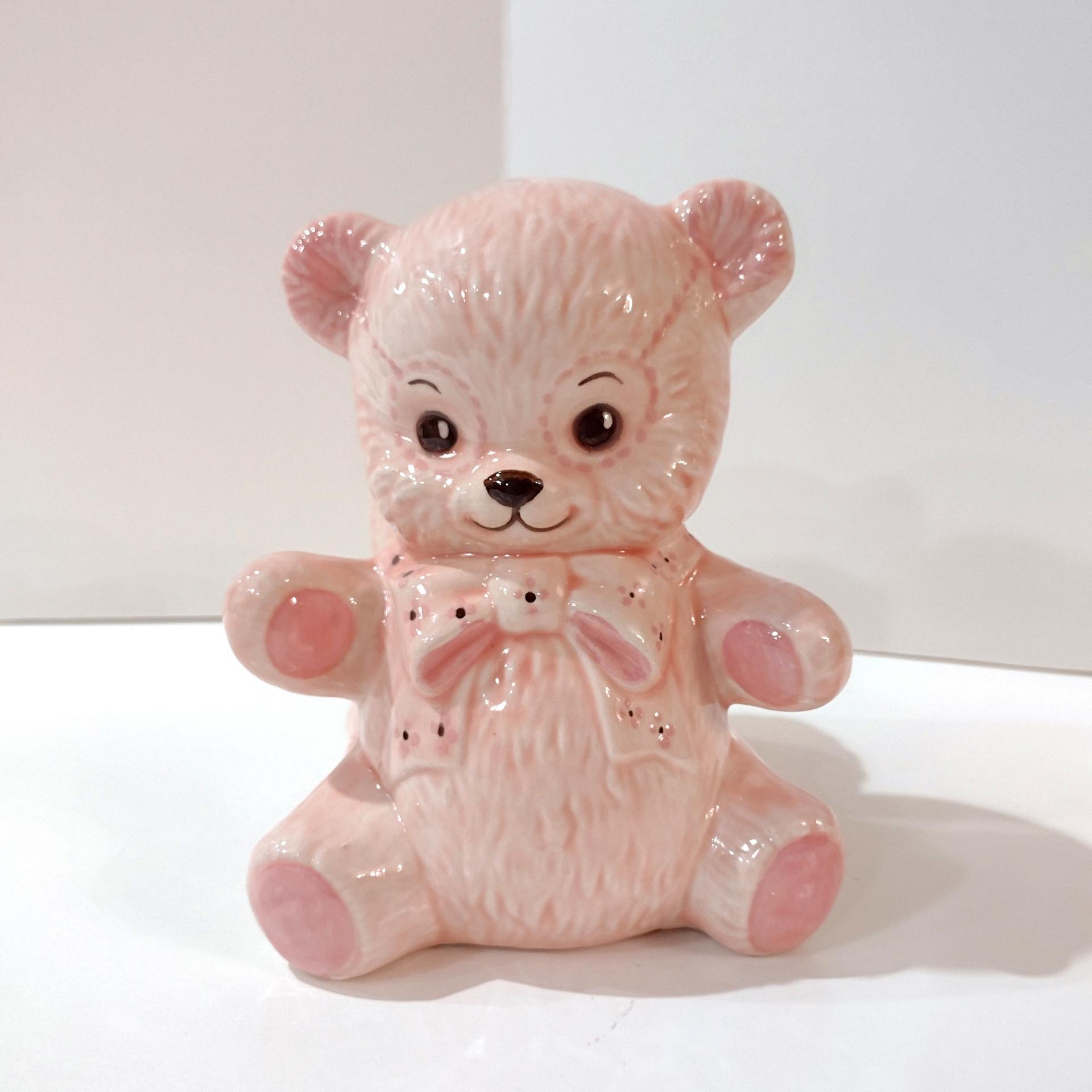 Vintage Pink Teddy Bear and Tree Trunk Ceramic Planter, Child's Room Decor Caddy / Holder