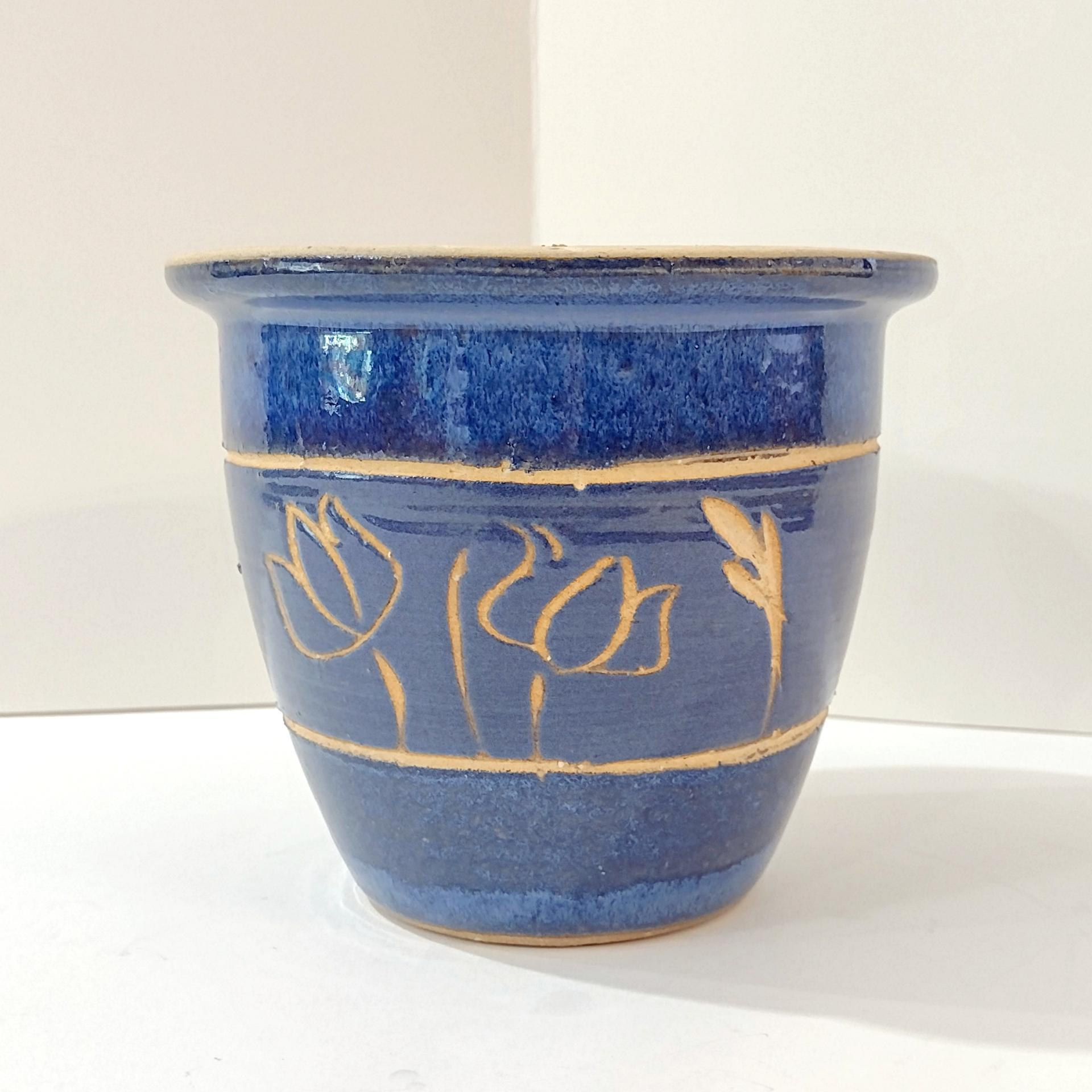 Vintage Blue Ceramic Planter Pot with Carved Tan Floral Design, Small Indoor Outdoor Round Taper Planter
