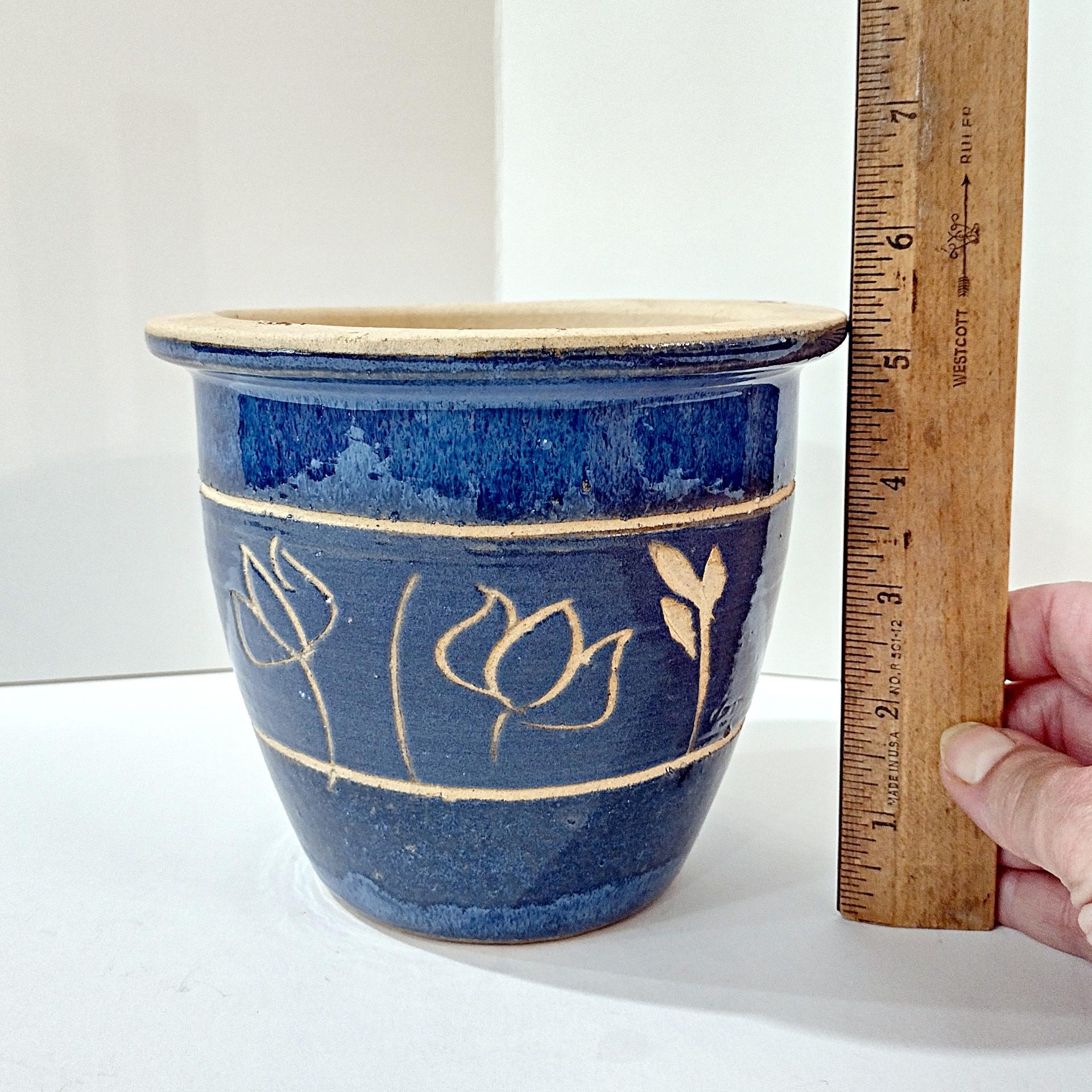 Vintage Blue Ceramic Planter Pot with Carved Tan Floral Design, Small Indoor Outdoor Round Taper Planter
