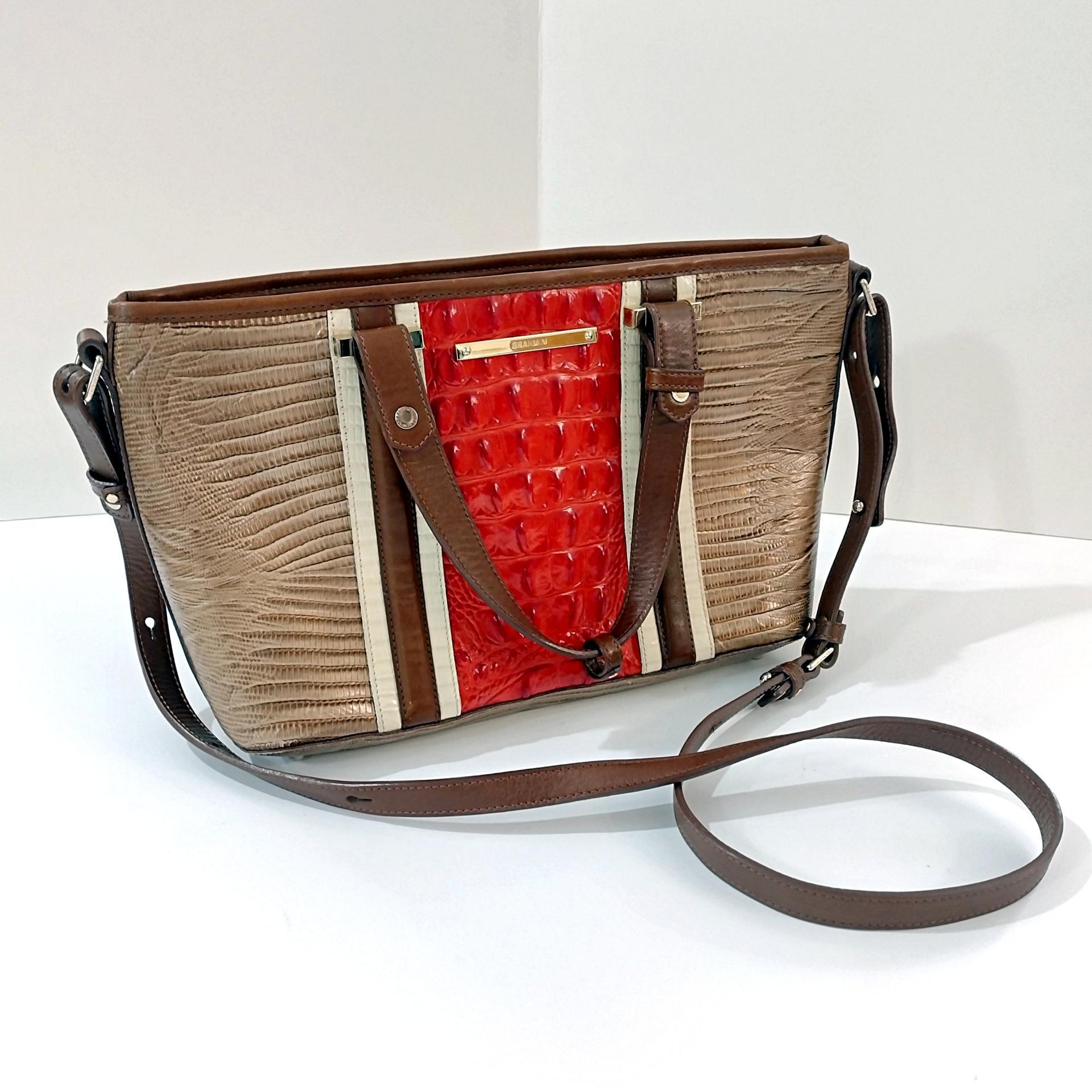 Vintage Brahmin Mini Asher Cabana Leather Shoulder Crossbody Hand Bag, Brahmin Orange Brown Melbourne Collection Crocodile Embossed Purse