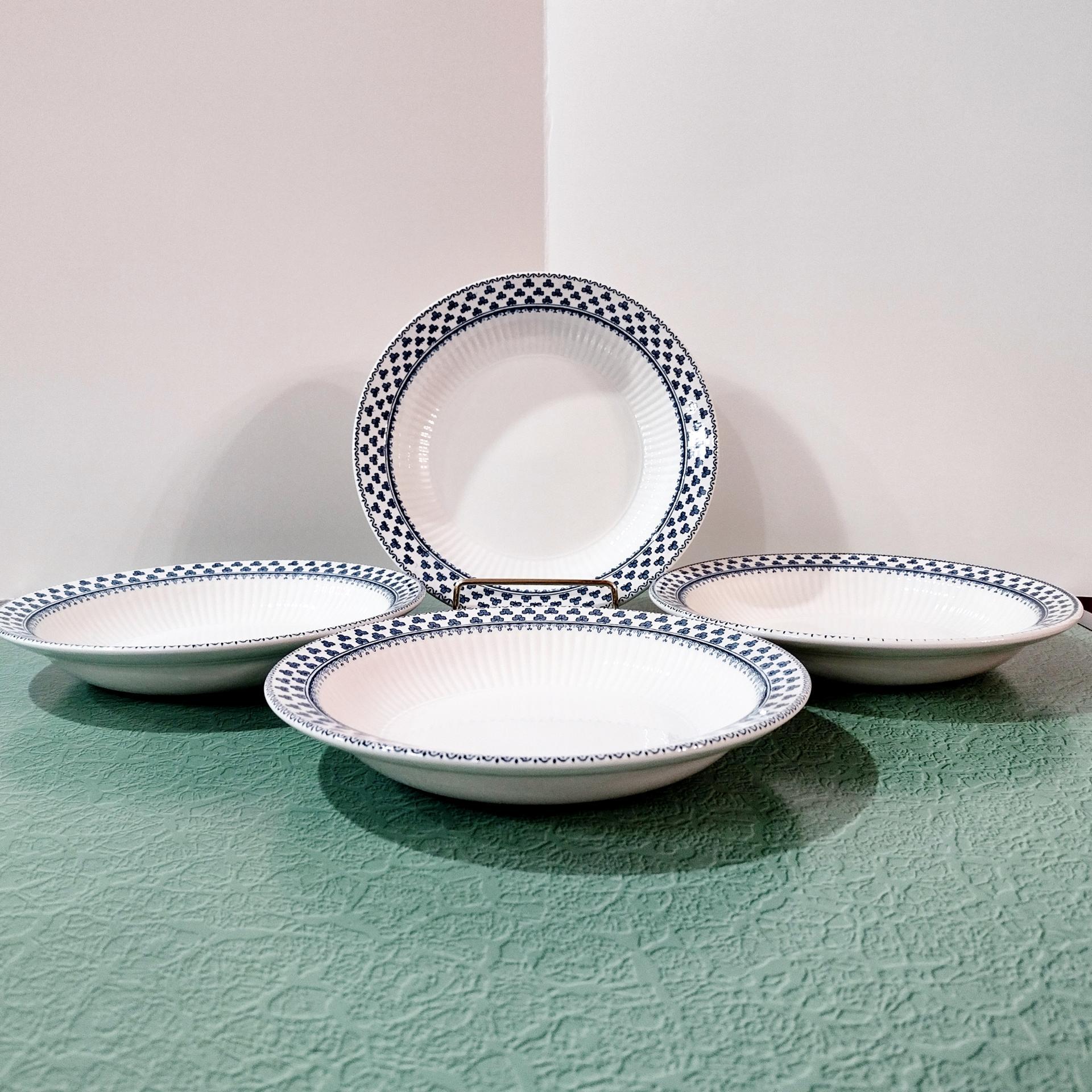 Vintage Adams Brentwood 8" Rimmed Soup Bowls, Set of Four, Real English Ironstone China Blue Clover Pattern, Decorative Plant Trays