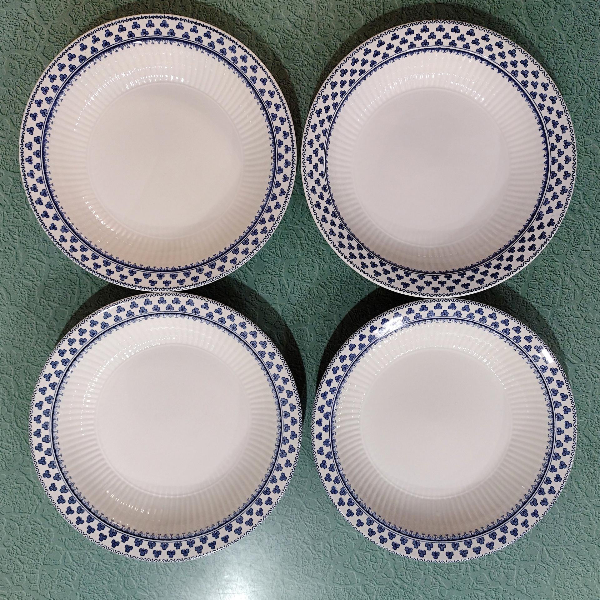 Vintage Adams Brentwood 8" Rimmed Soup Bowls, Set of Four, Real English Ironstone China Blue Clover Pattern, Decorative Plant Trays