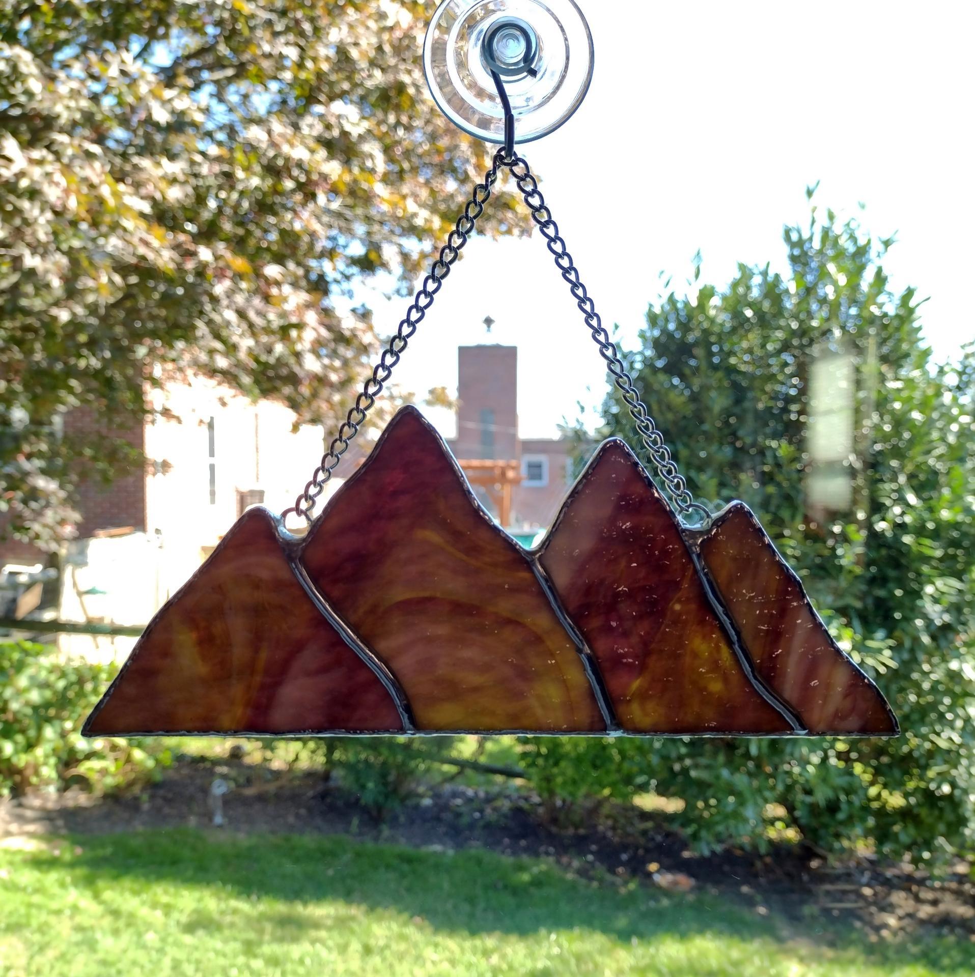Stained Glass Rocky Mountains Suncatcher, Brown and White Mountain Range