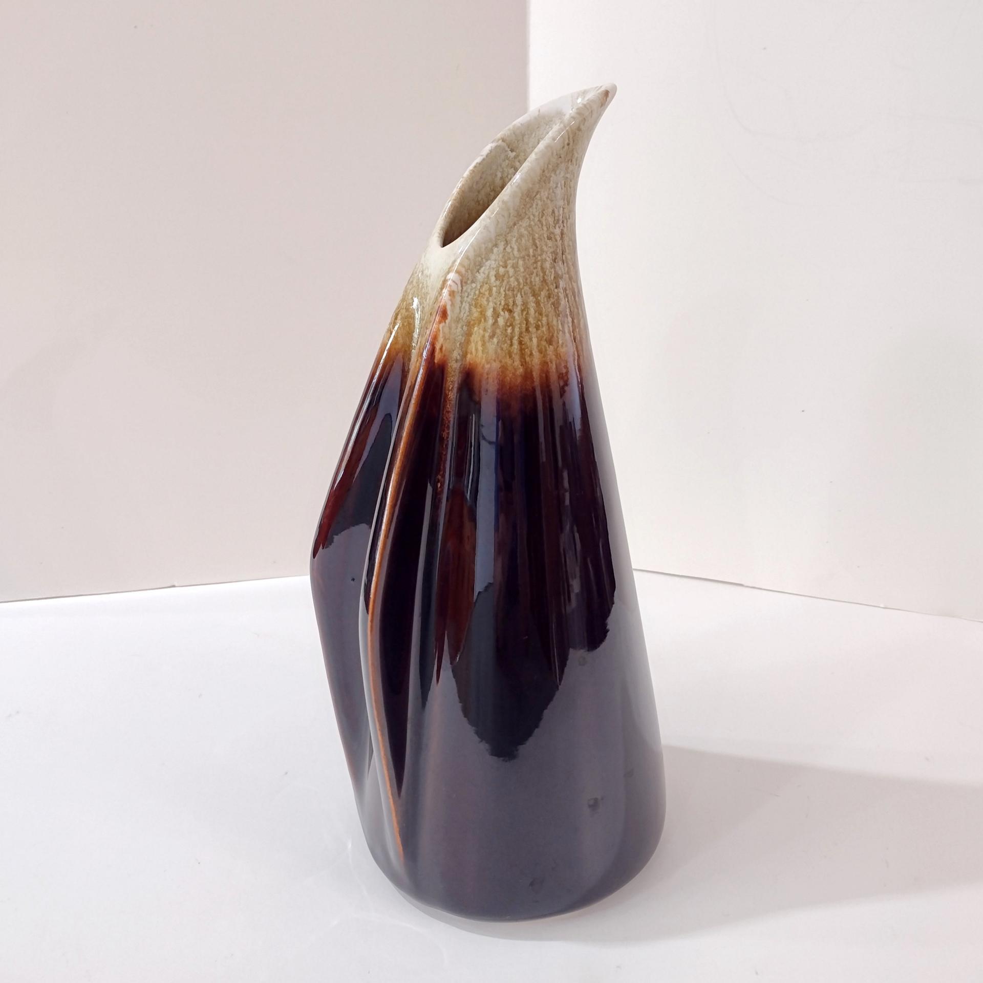 Vintage Brown Drip Glaze Winged Ceramic Pitcher, Water Wine Carafe Decanter, Pottery Vase