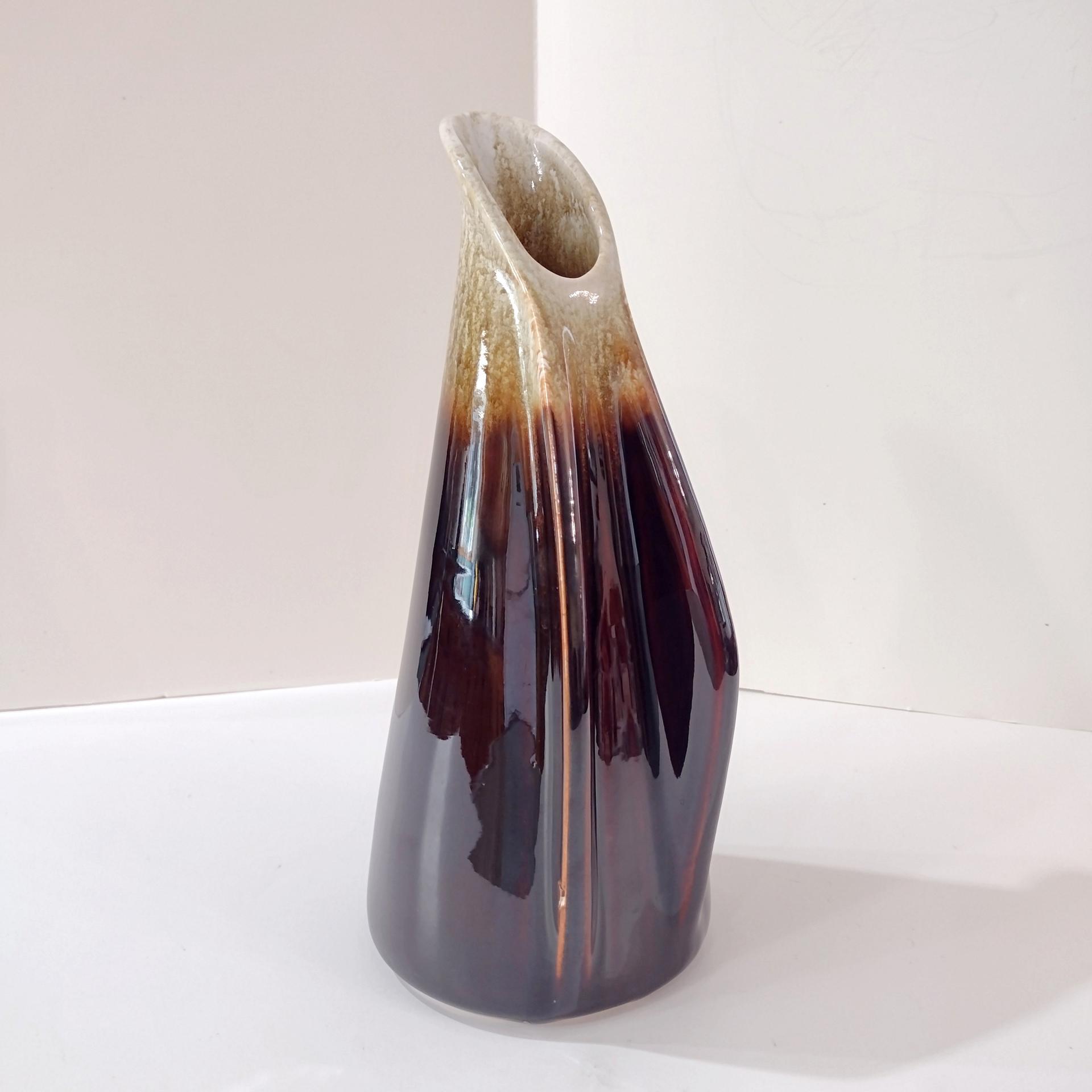Vintage Brown Drip Glaze Winged Ceramic Pitcher, Water Wine Carafe Decanter, Pottery Vase