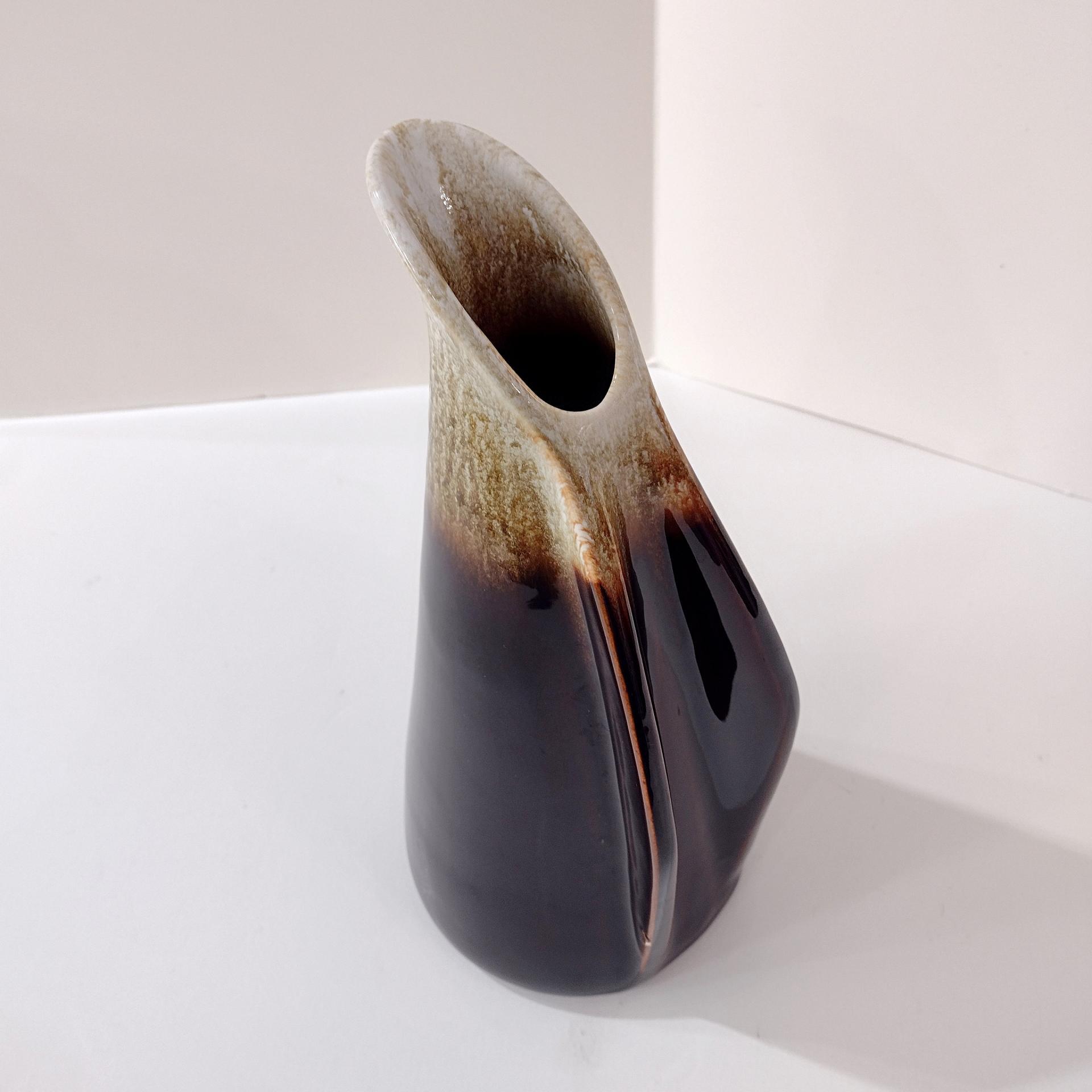 Vintage Brown Drip Glaze Winged Ceramic Pitcher, Water Wine Carafe Decanter, Pottery Vase