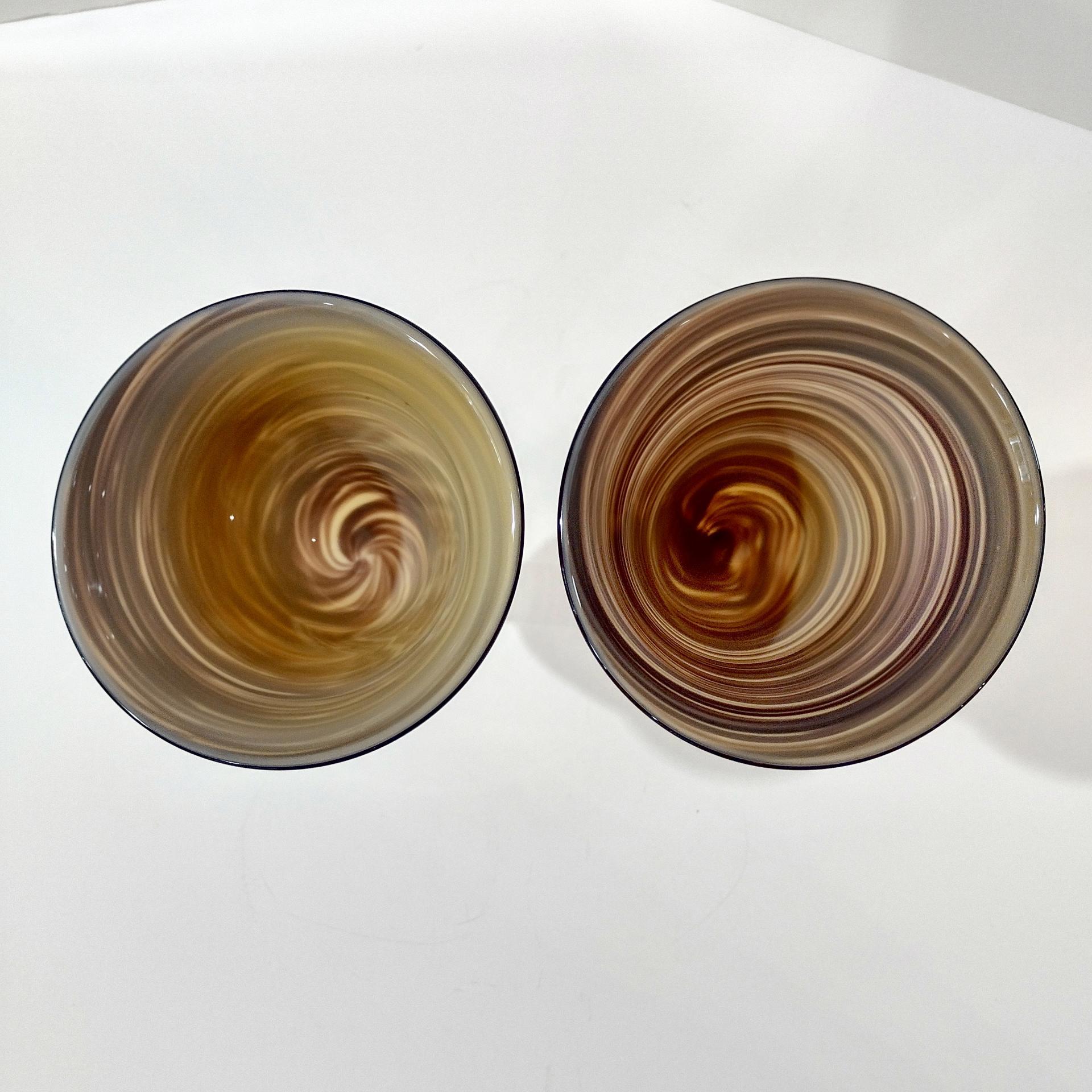 Vintage Hand Blown Brown Swirl Art Glass Goblets, Set of Two, Large Swirled Wine Glasses