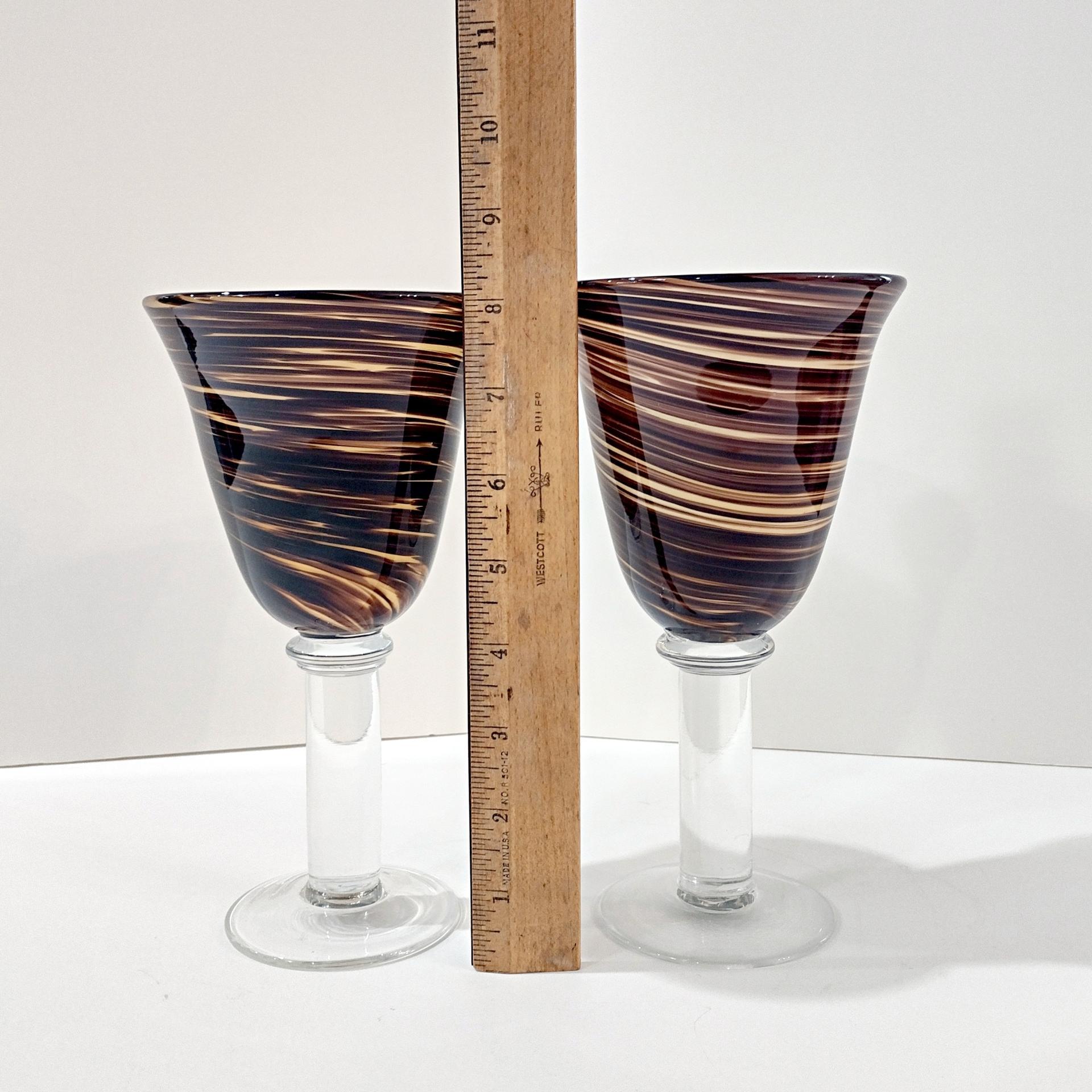Vintage Hand Blown Brown Swirl Art Glass Goblets, Set of Two, Large Swirled Wine Glasses