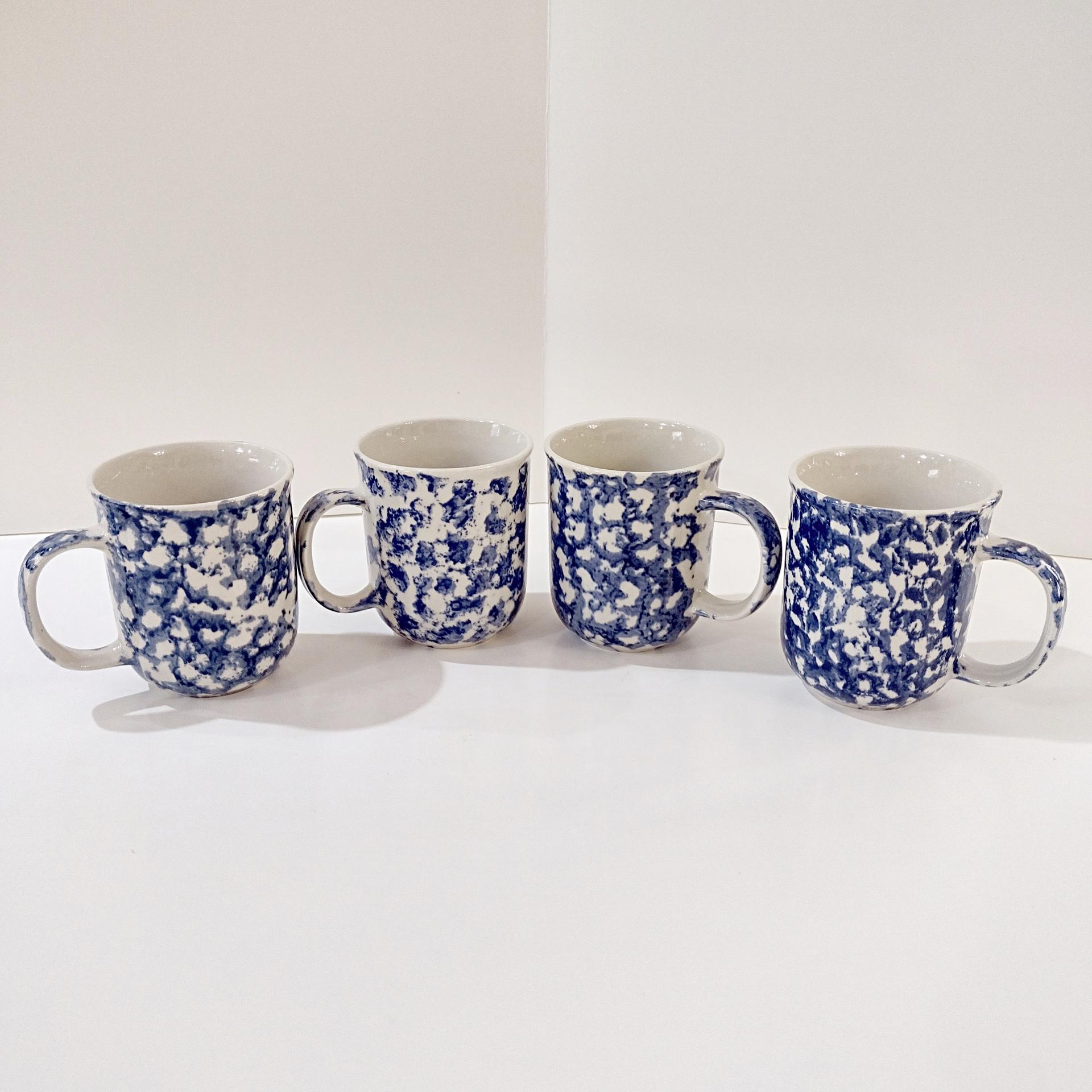 Vintage Blue and White Spongeware Coffee Tea Ceramic Mugs, Set of Four