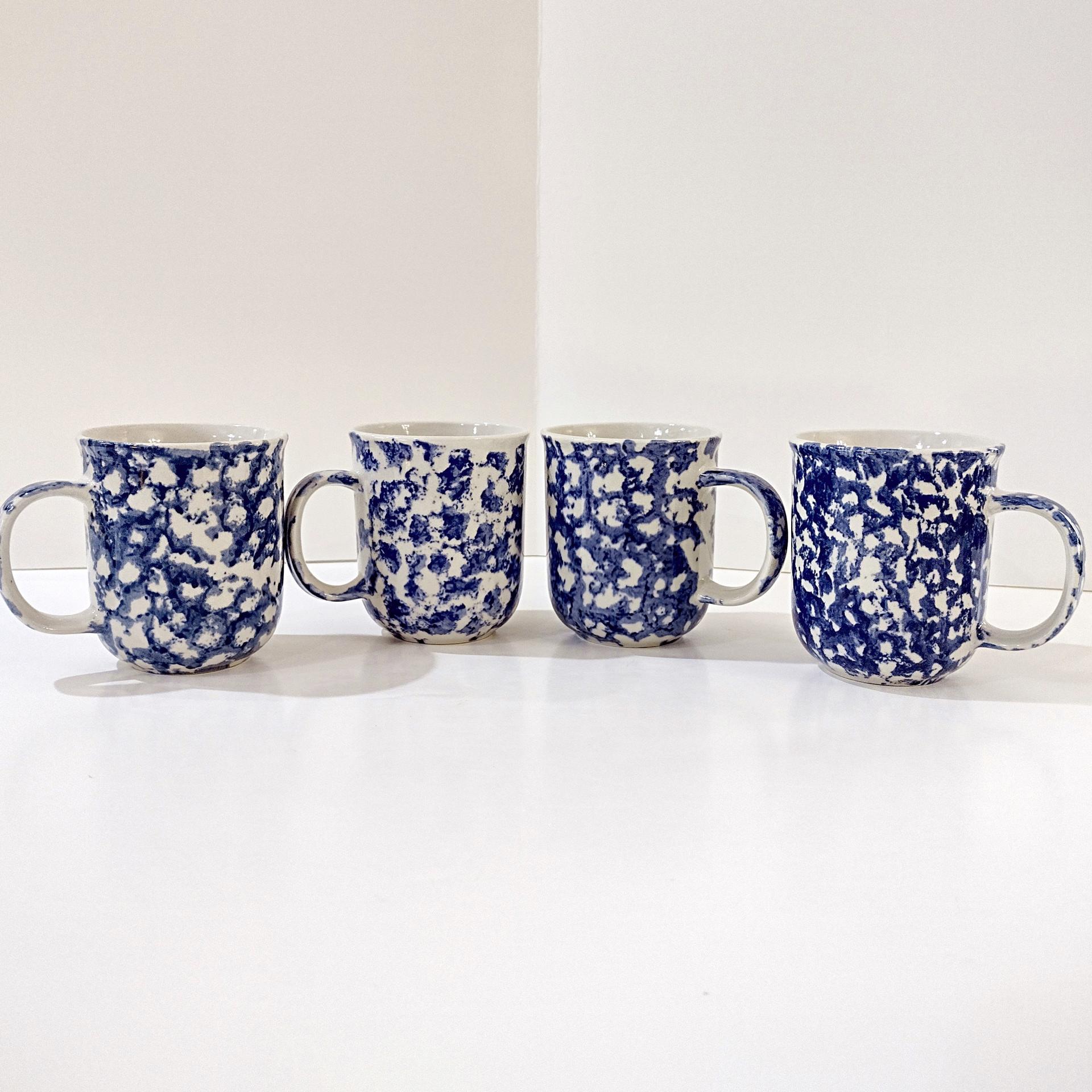 Vintage Blue and White Spongeware Coffee Tea Ceramic Mugs, Set of Four