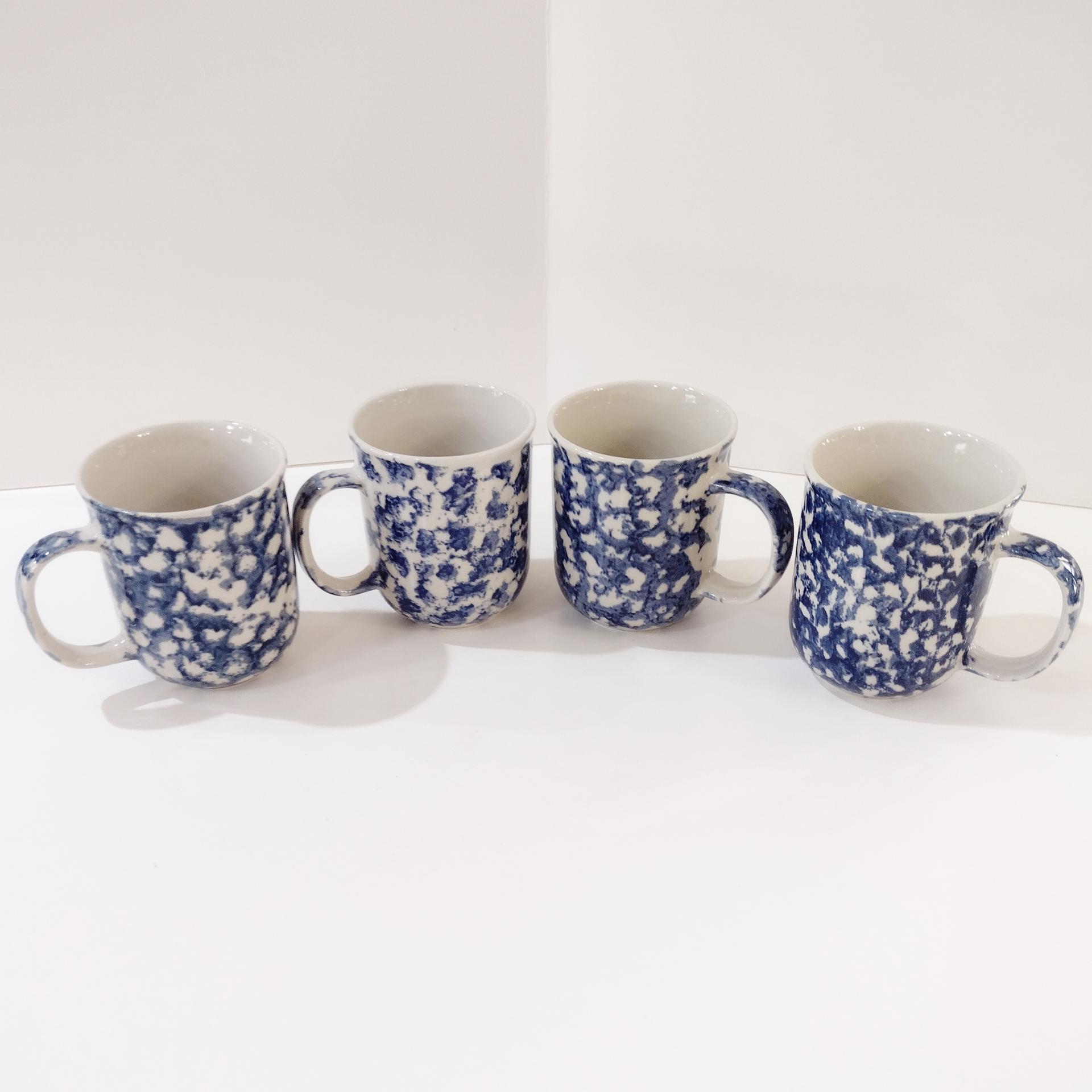Vintage Blue and White Spongeware Coffee Tea Ceramic Mugs, Set of Four