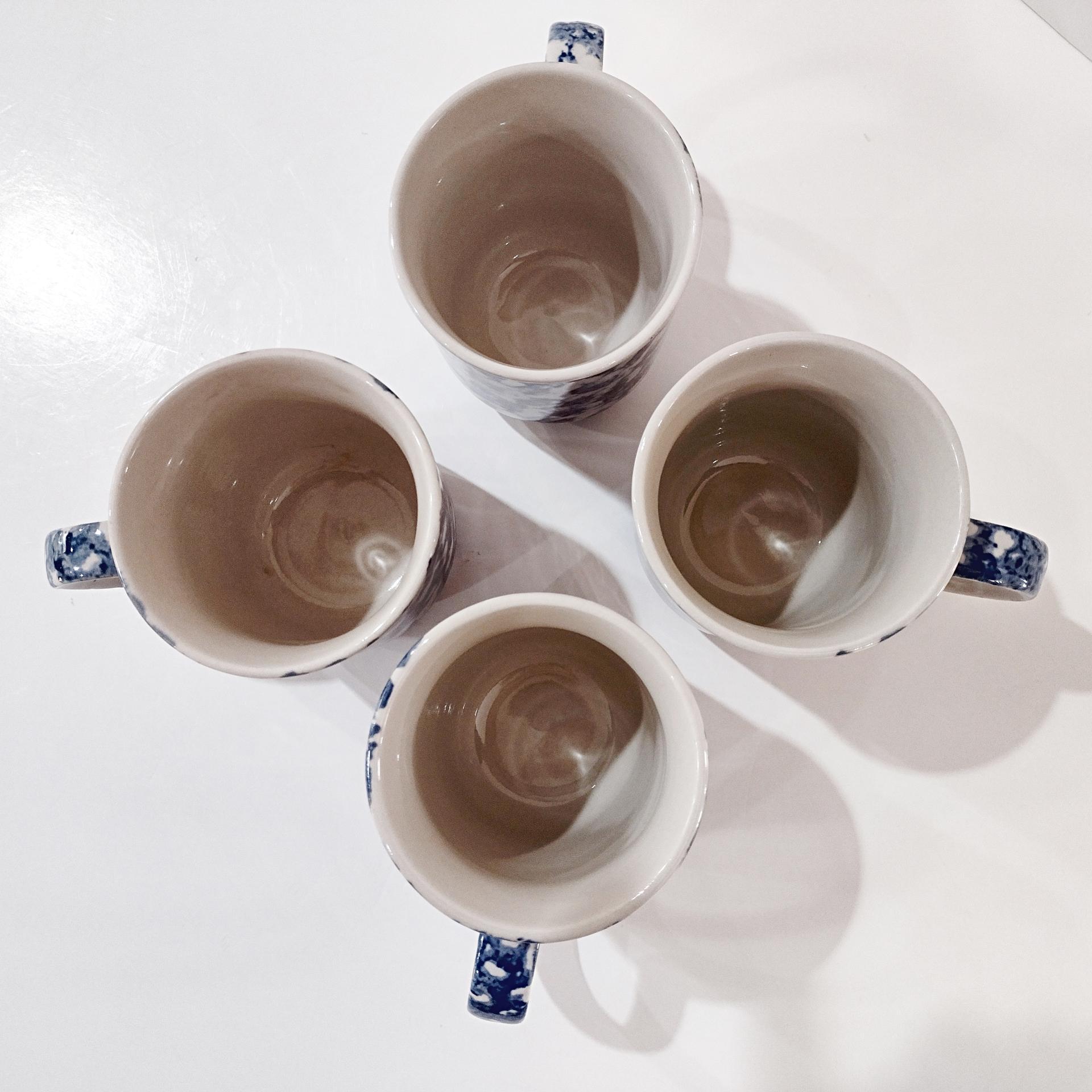 Vintage Blue and White Spongeware Coffee Tea Ceramic Mugs, Set of Four