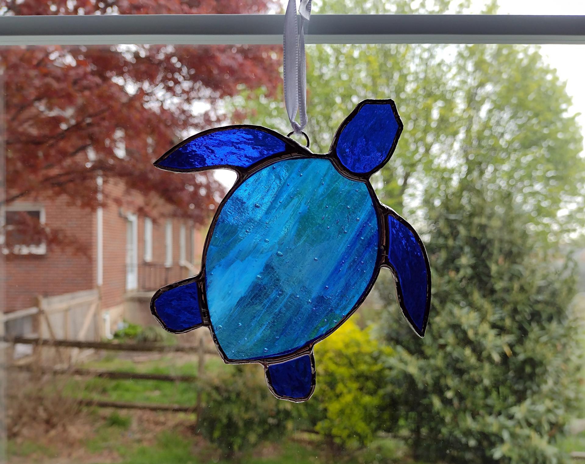 Stained Glass Sea Turtle Suncatcher, Blue