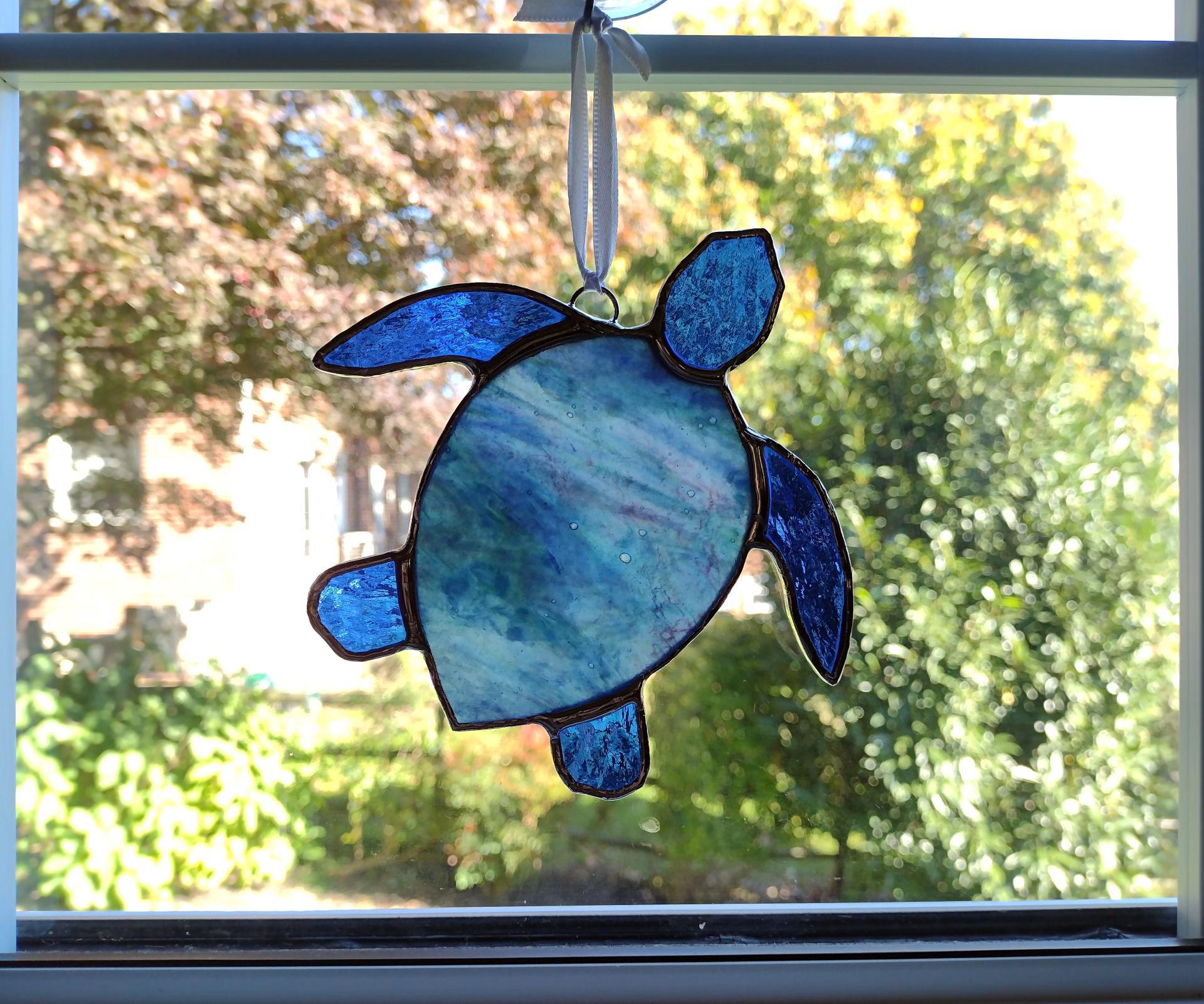 Stained Glass Sea Turtle Suncatcher, Blue Youghiogheny Glass