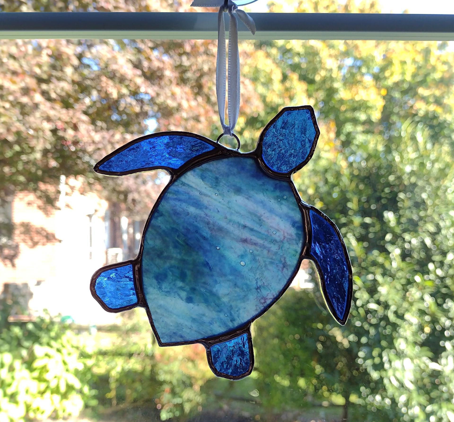 Stained Glass Sea Turtle Suncatcher, Blue Youghiogheny Glass