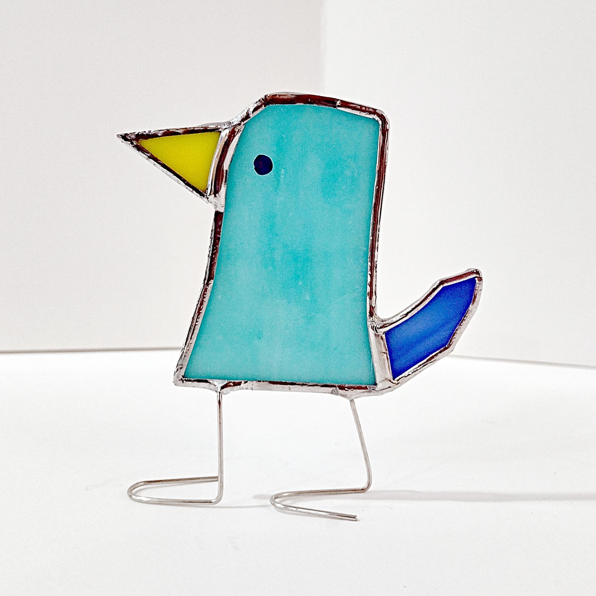 Stained Glass Standing Bird, Funky Turquoise Aqua Blue Glass Bird Suncatcher, Bird Lover Gift, Windowsill Sitter