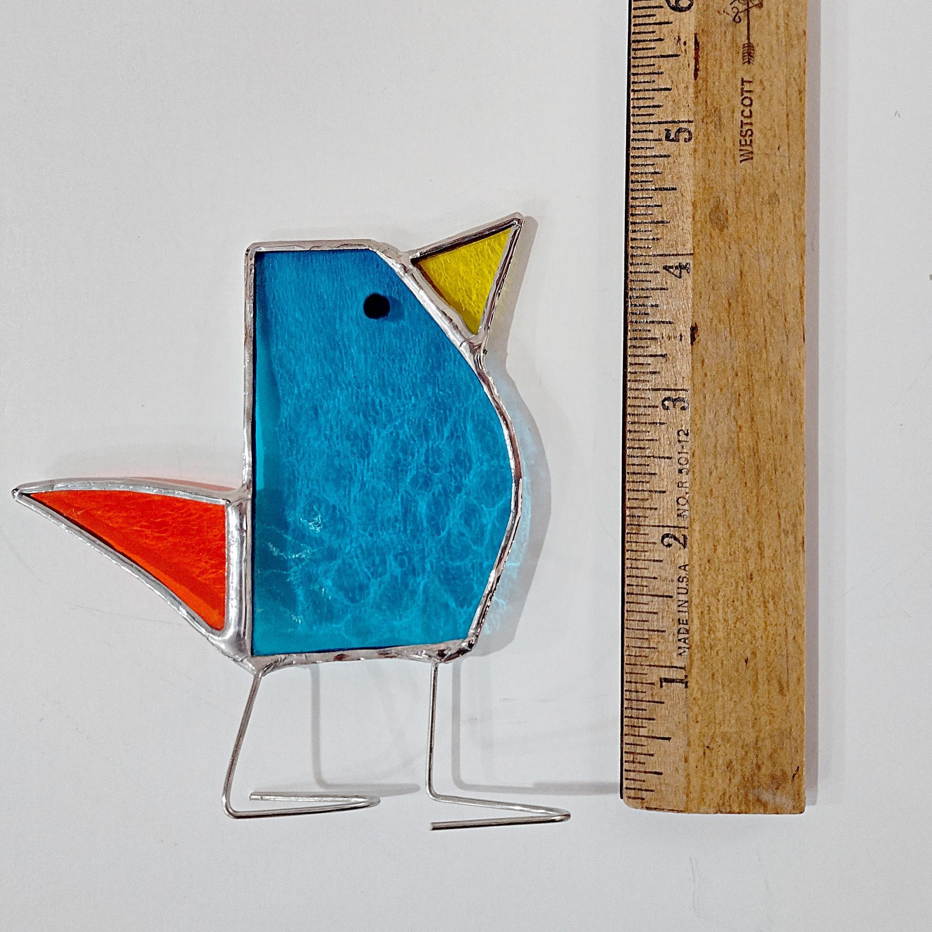 Stained Glass Standing Bird, Funky Turquoise Blue and Orange Glass Bird Suncatcher, Bird Lover Gift, Windowsill Sitter