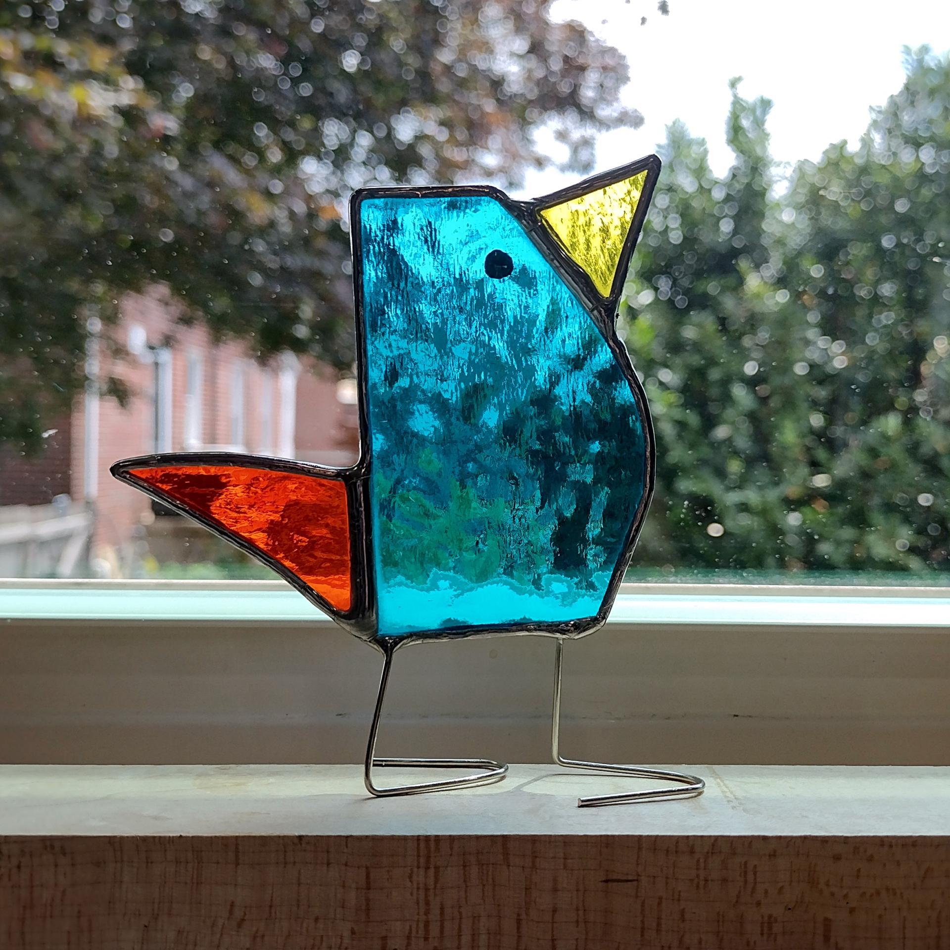 Stained Glass Standing Bird, Funky Turquoise Blue and Orange Glass Bird Suncatcher, Bird Lover Gift, Windowsill Sitter