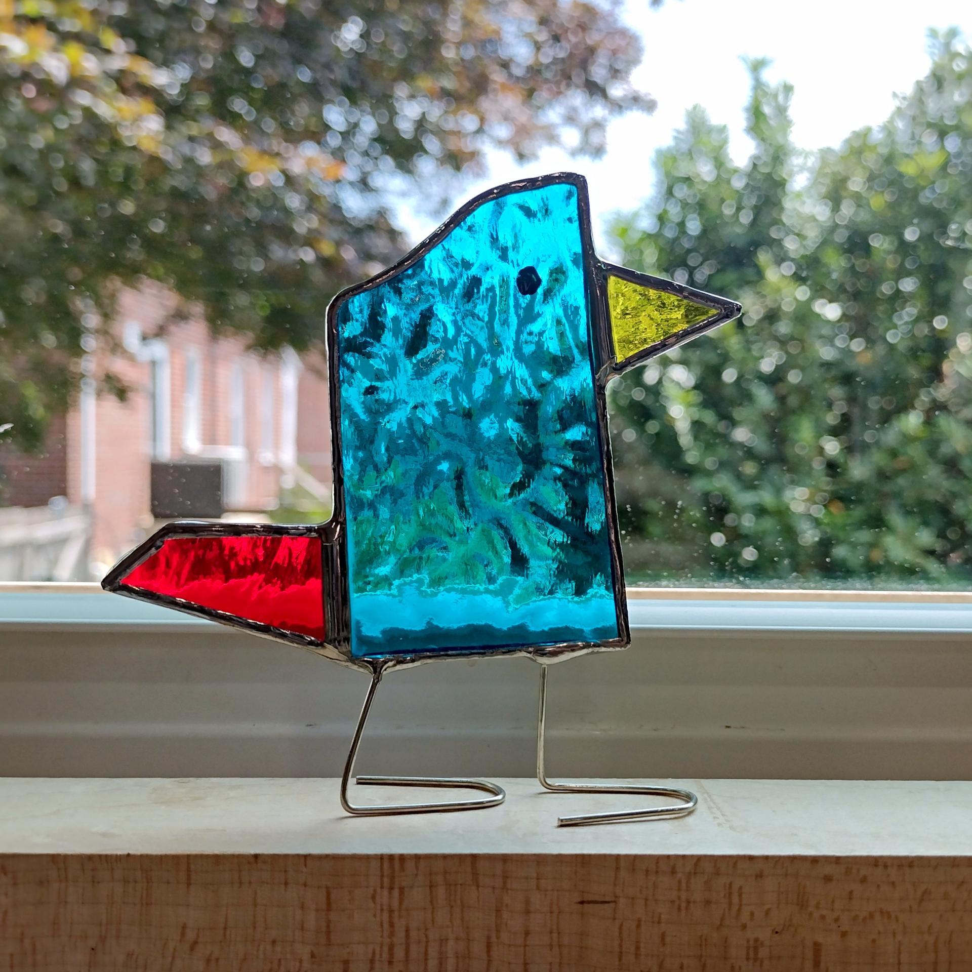 Stained Glass Standing Bird, Funky Turquoise Blue and Red Glass Bird Suncatcher, Bird Lover Gift, Windowsill Sitter