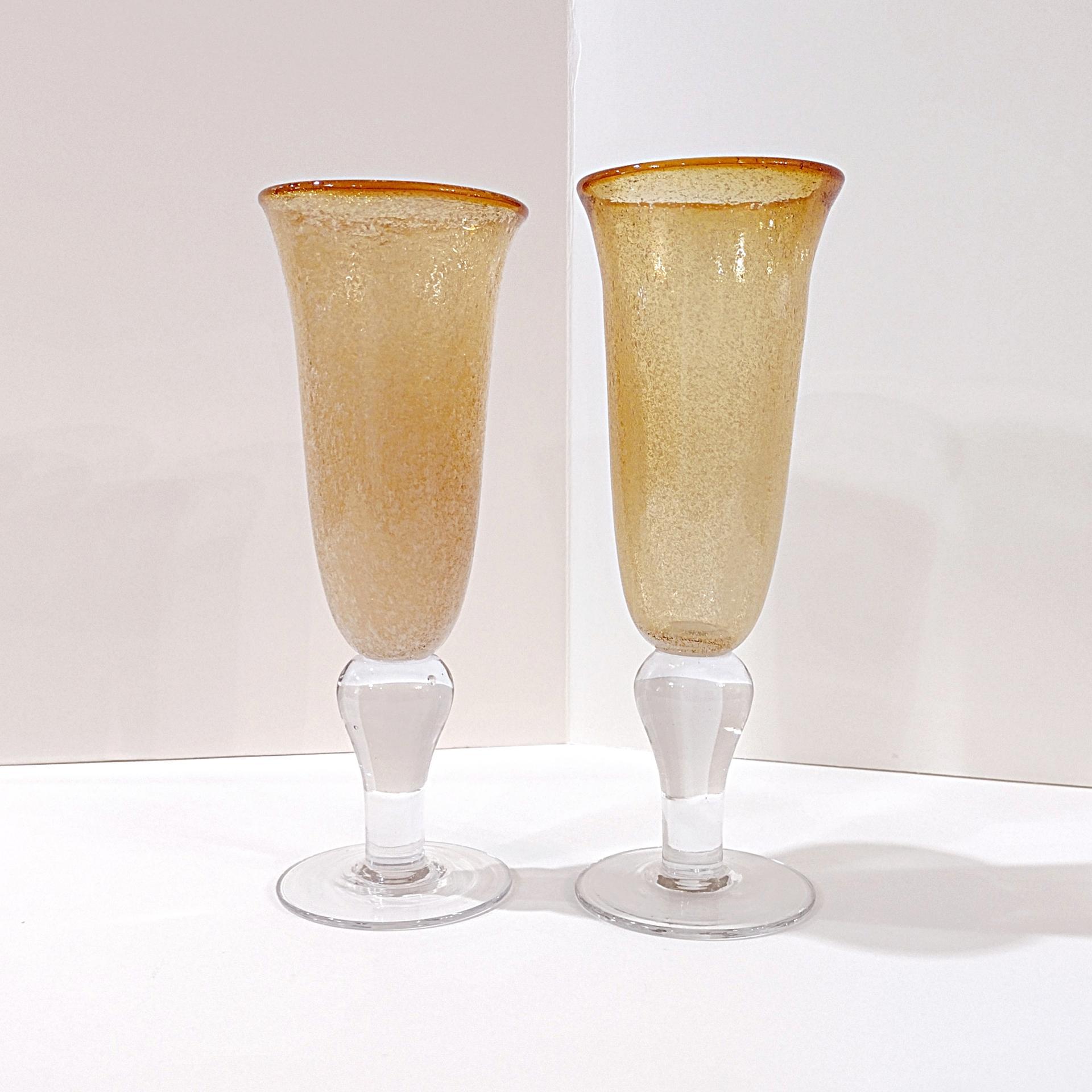 Vintage Artland Amber Iris Bubble Glass Champagne Flutes, Set of Two, Blown Glass Cocktail Goblets
