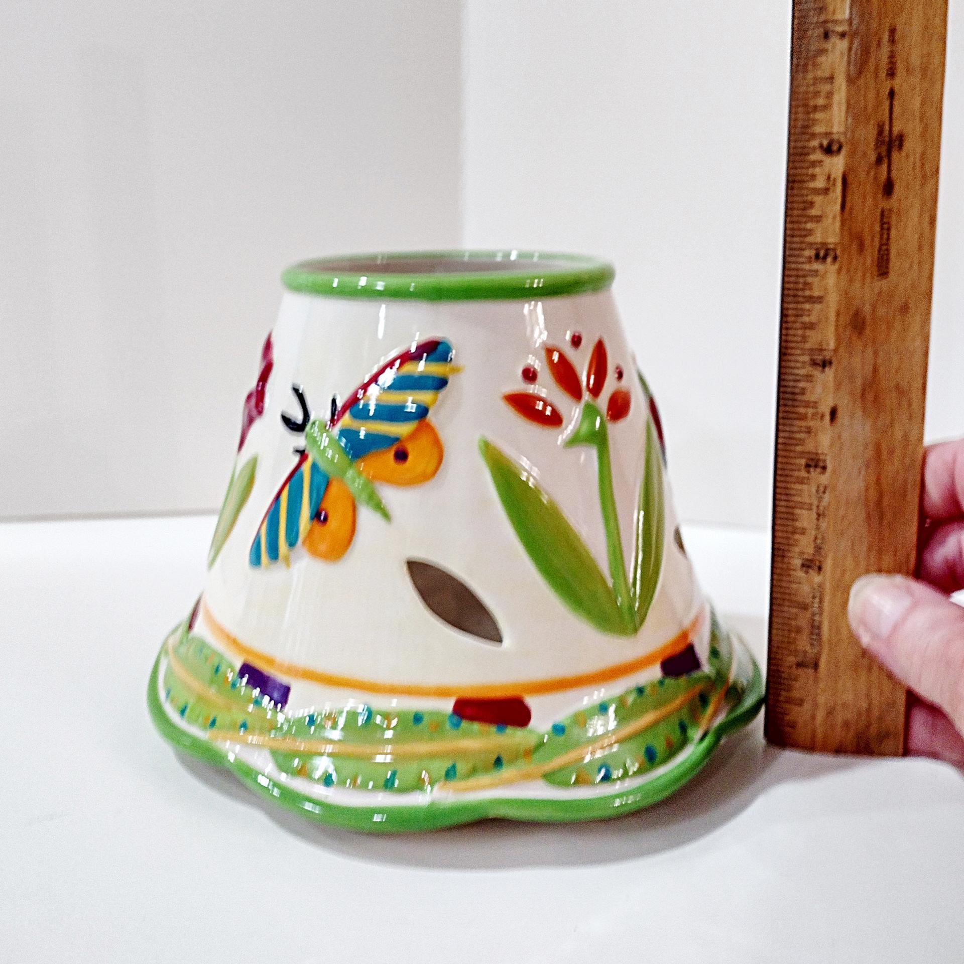 Vintage Yankee Candle Ceramic Shade Jar Topper and Under Plate, Floral Dragonfly Lady Bug Design