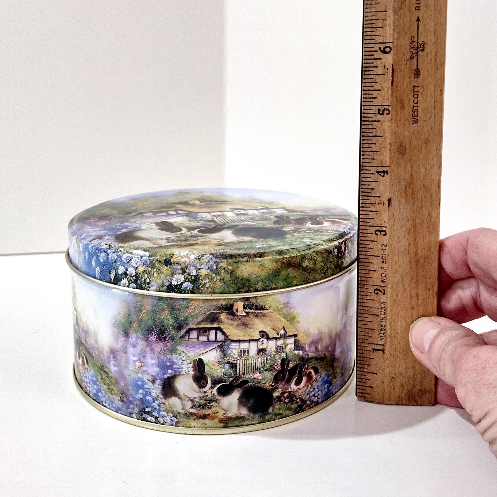 Vintage Bunny Rabbit Flower Garden Country House Scene Round Metal Tin, Easter Spring Storage Gift Container