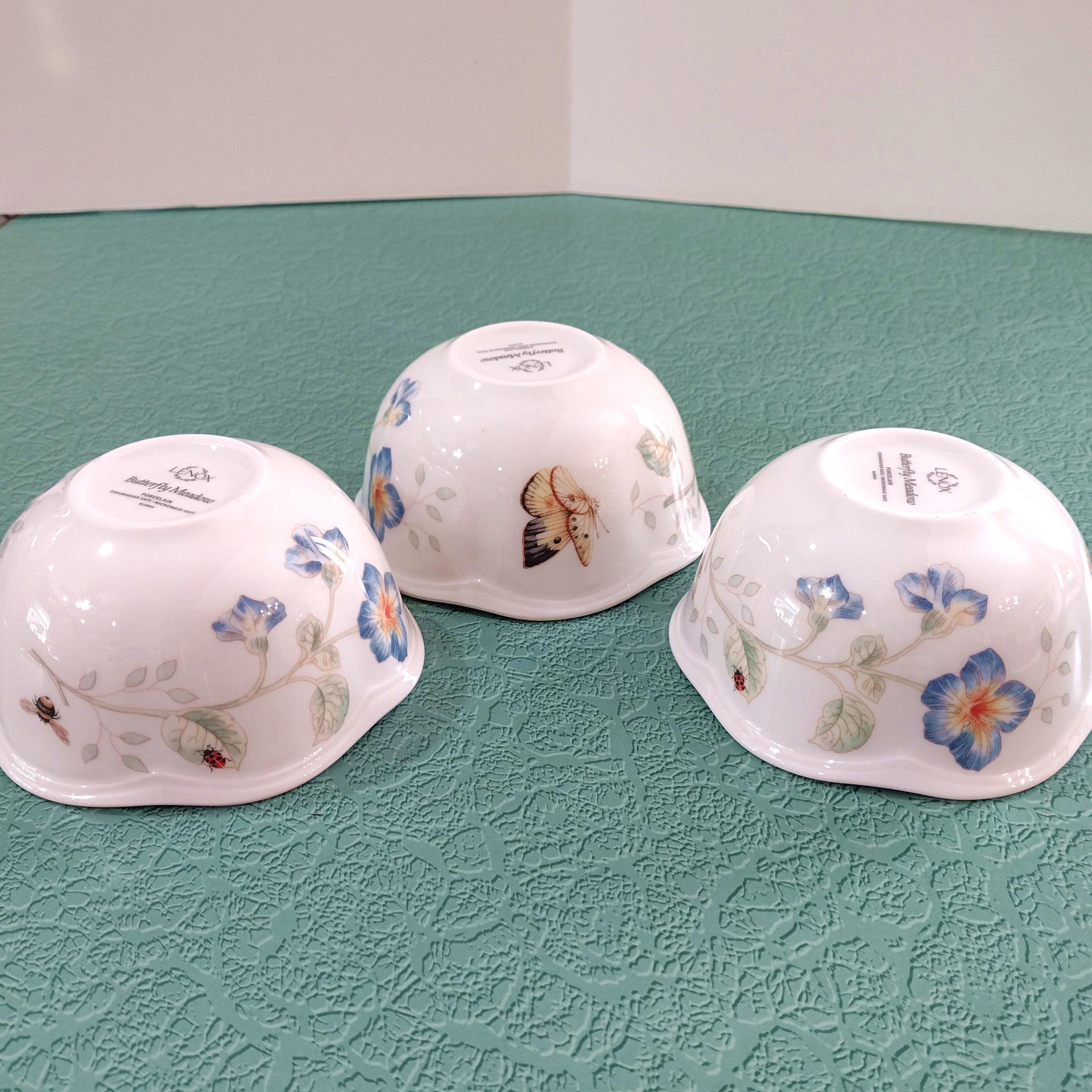 Vintage Lenox Butterfly Meadow Rice Dessert Bowls, Set of Three, Porcelain Floral Candy Nut Dishes