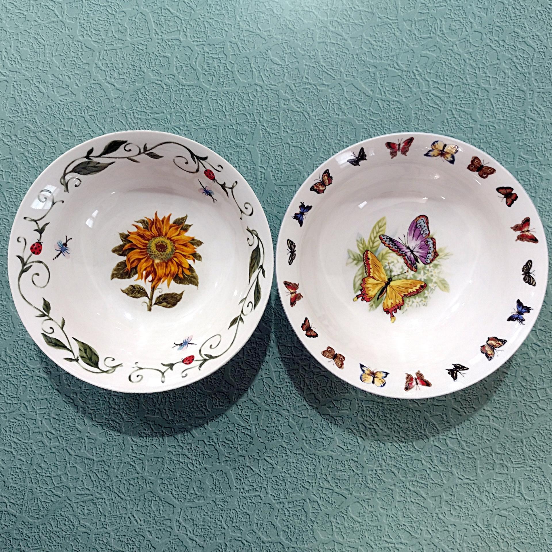 Vintage Tabletops Unlimited Butterflies and Botanical Garden Coupe Cereal Bowls, Set of Two