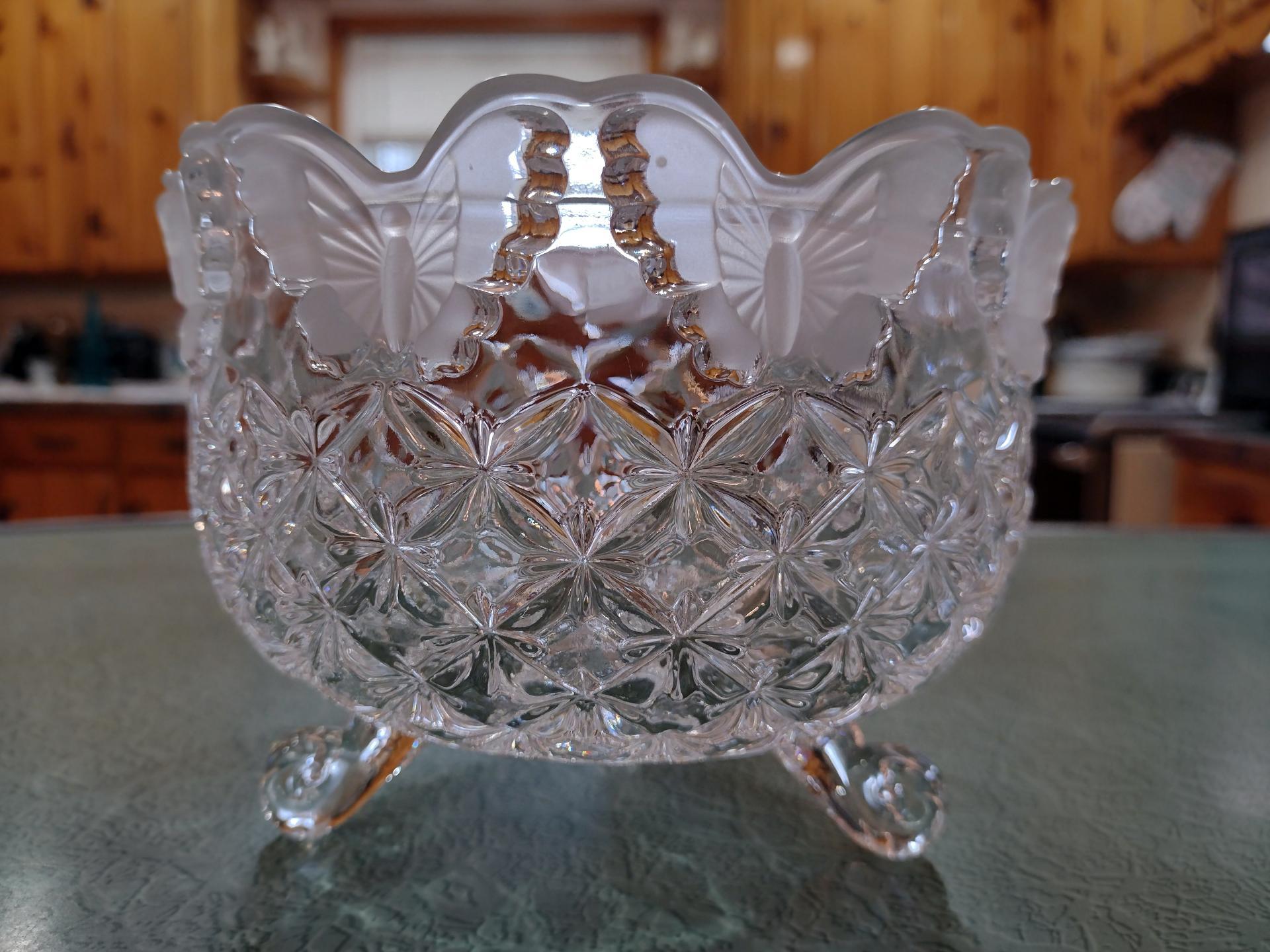 Vintage Hofbauer 1985 German Lead Crystal Footed Butterfly Bowl, Glass Berry Compote Bowl