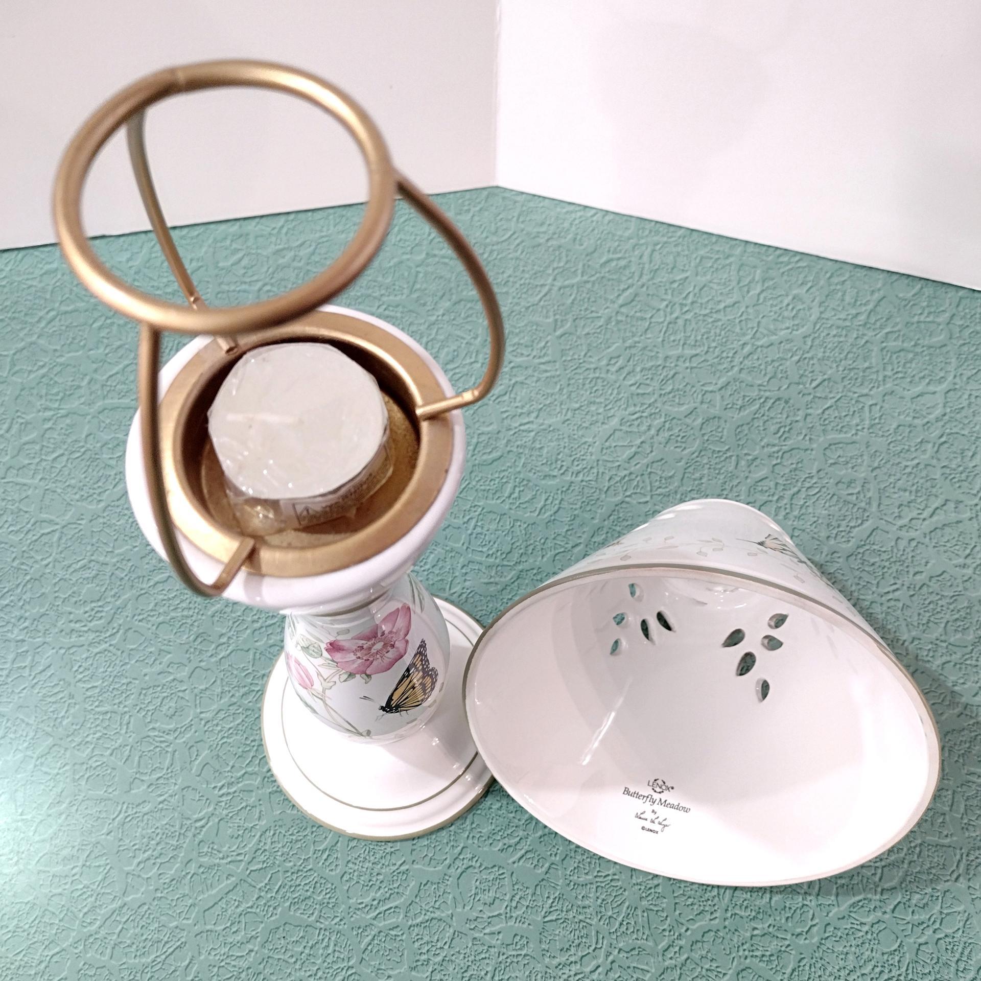 Vintage Lenox Butterfly Meadow Candle Stick Votive Holder with Shade, Porcelain Floral Tea Light Lamp