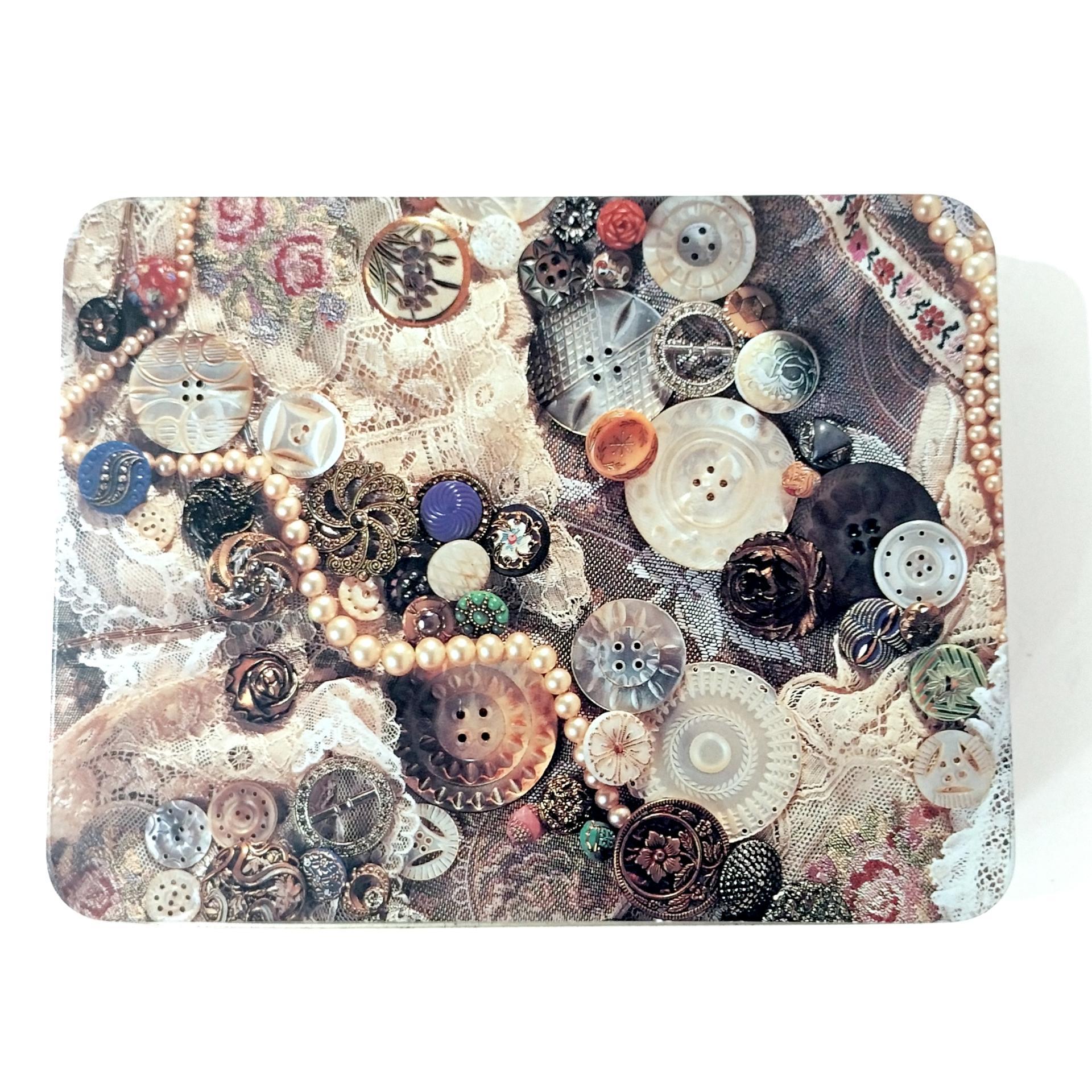 Vintage Buttons Pearls and Lace Metal Storage Tin Box