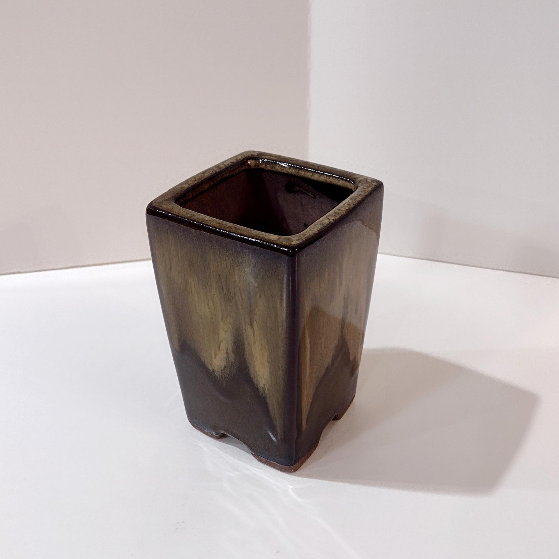 Vintage Ceramic Brown Drip Glaze Square Planter Pot, Bonsai Tree / Cactus / Succulent Small Planter, Pen or Pencil Holder