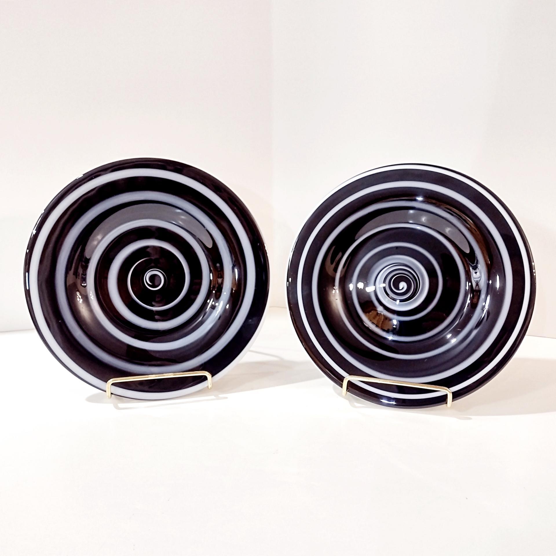 Vintage Black and White Spiral Swirled Art Glass Salad Dessert Luncheon Plates, Set of Two