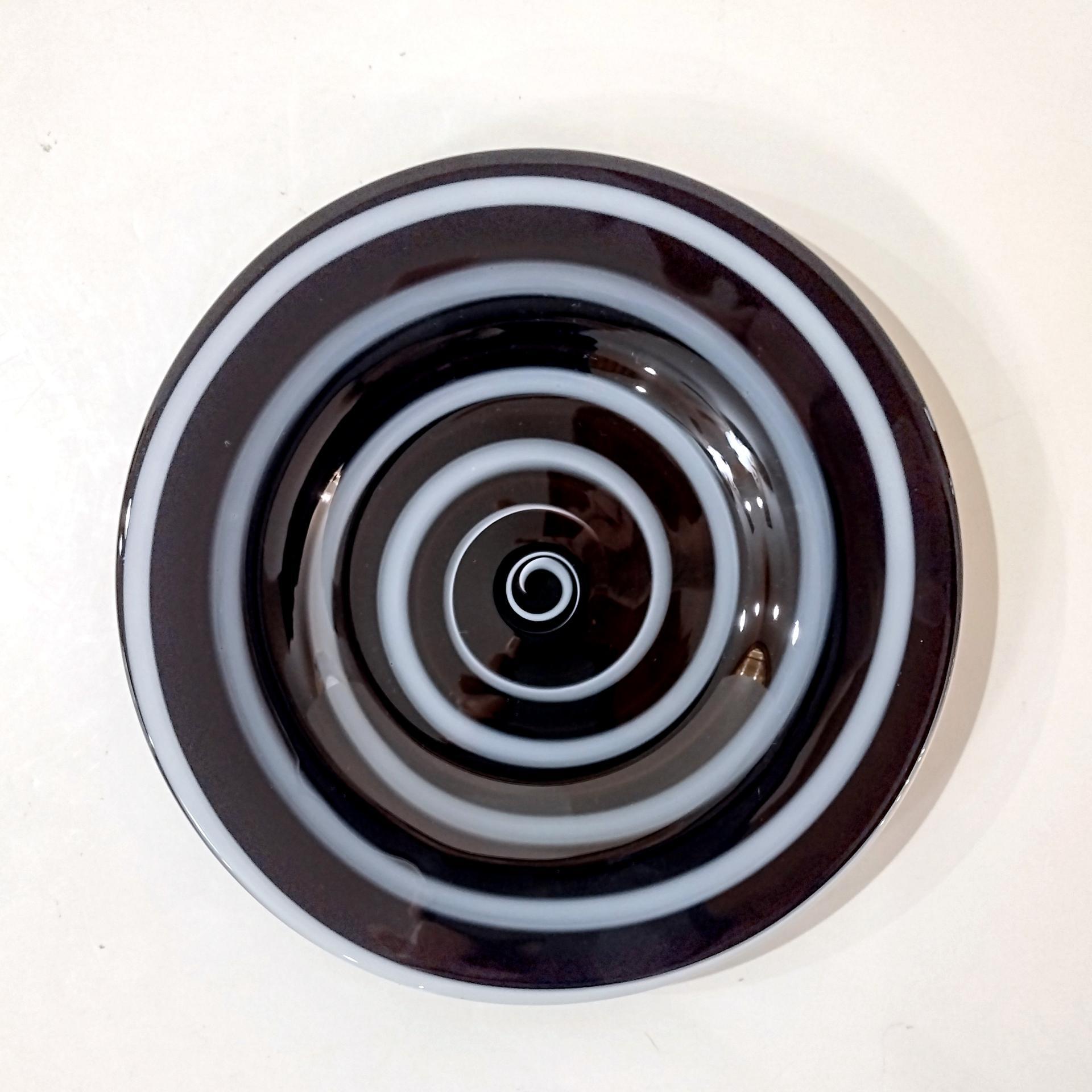 Vintage Black and White Spiral Swirled Art Glass Salad Dessert Luncheon Plates, Set of Two