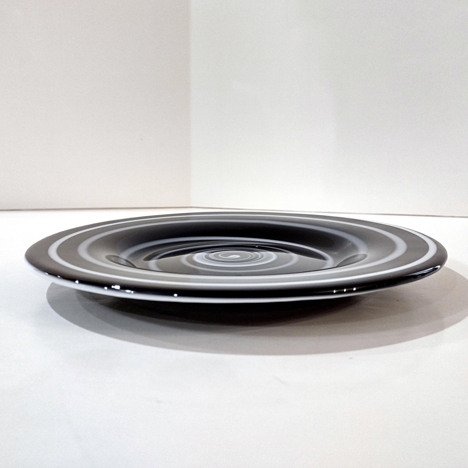 Vintage Black and White Spiral Swirled Art Glass Salad Dessert Luncheon Plates, Set of Two