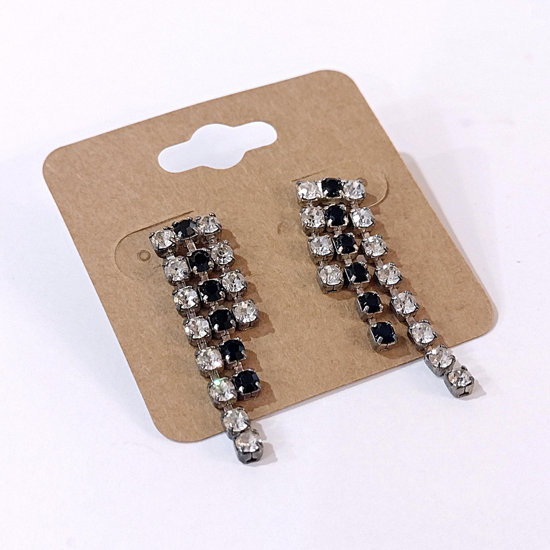 Vintage Black and Clear Rhinestone Triple Strand Dangle Stud Earrings