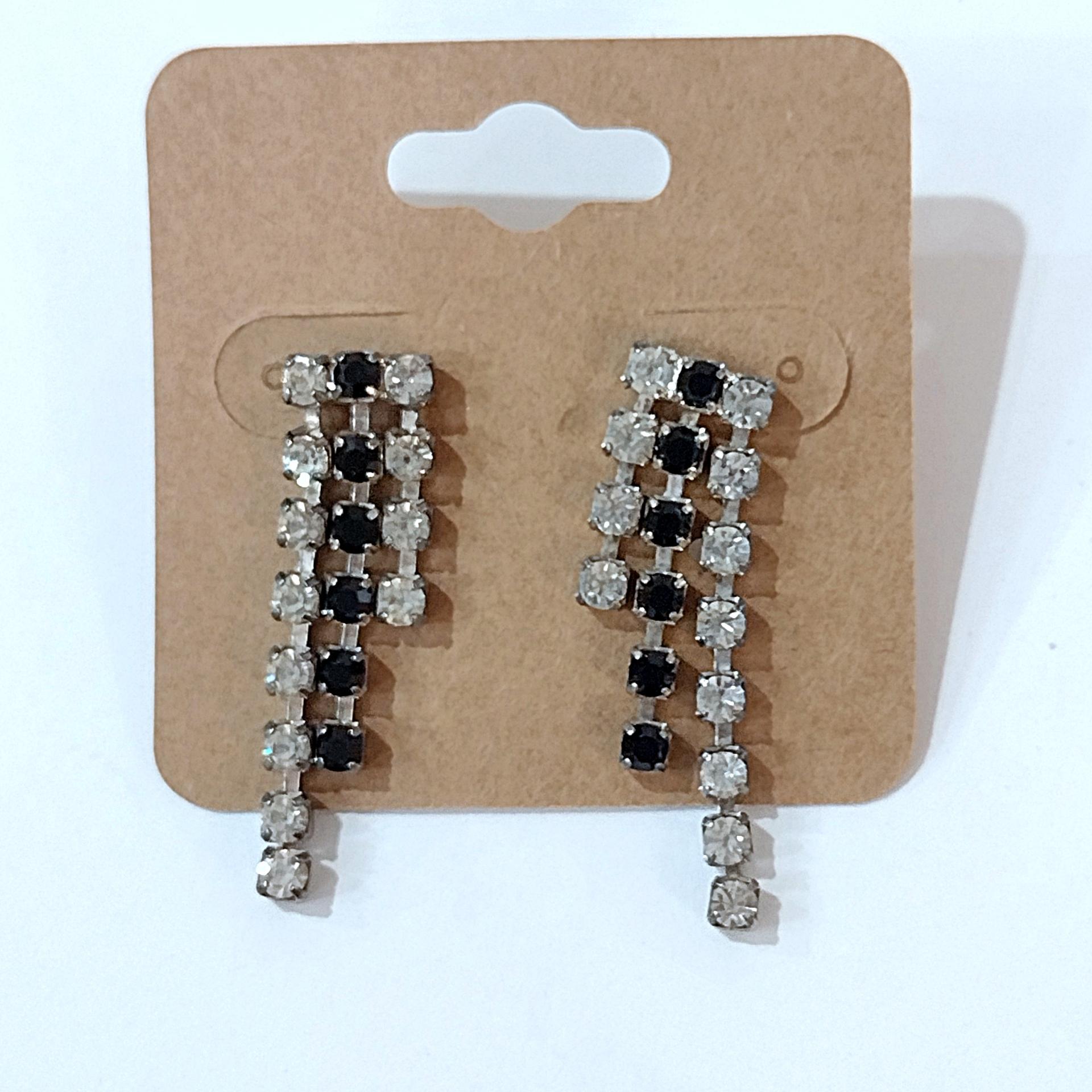 Vintage Black and Clear Rhinestone Triple Strand Dangle Stud Earrings