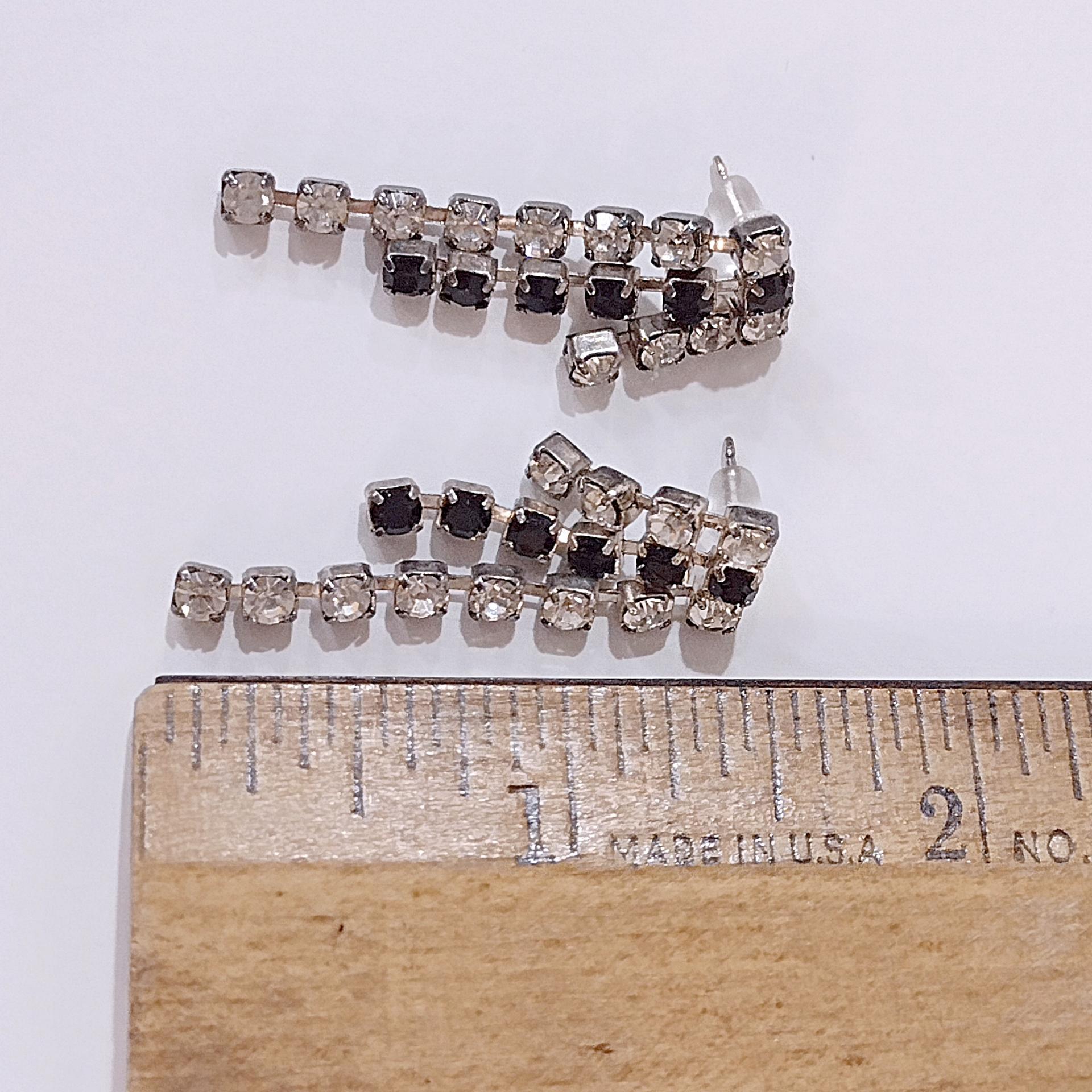 Vintage Black and Clear Rhinestone Triple Strand Dangle Stud Earrings