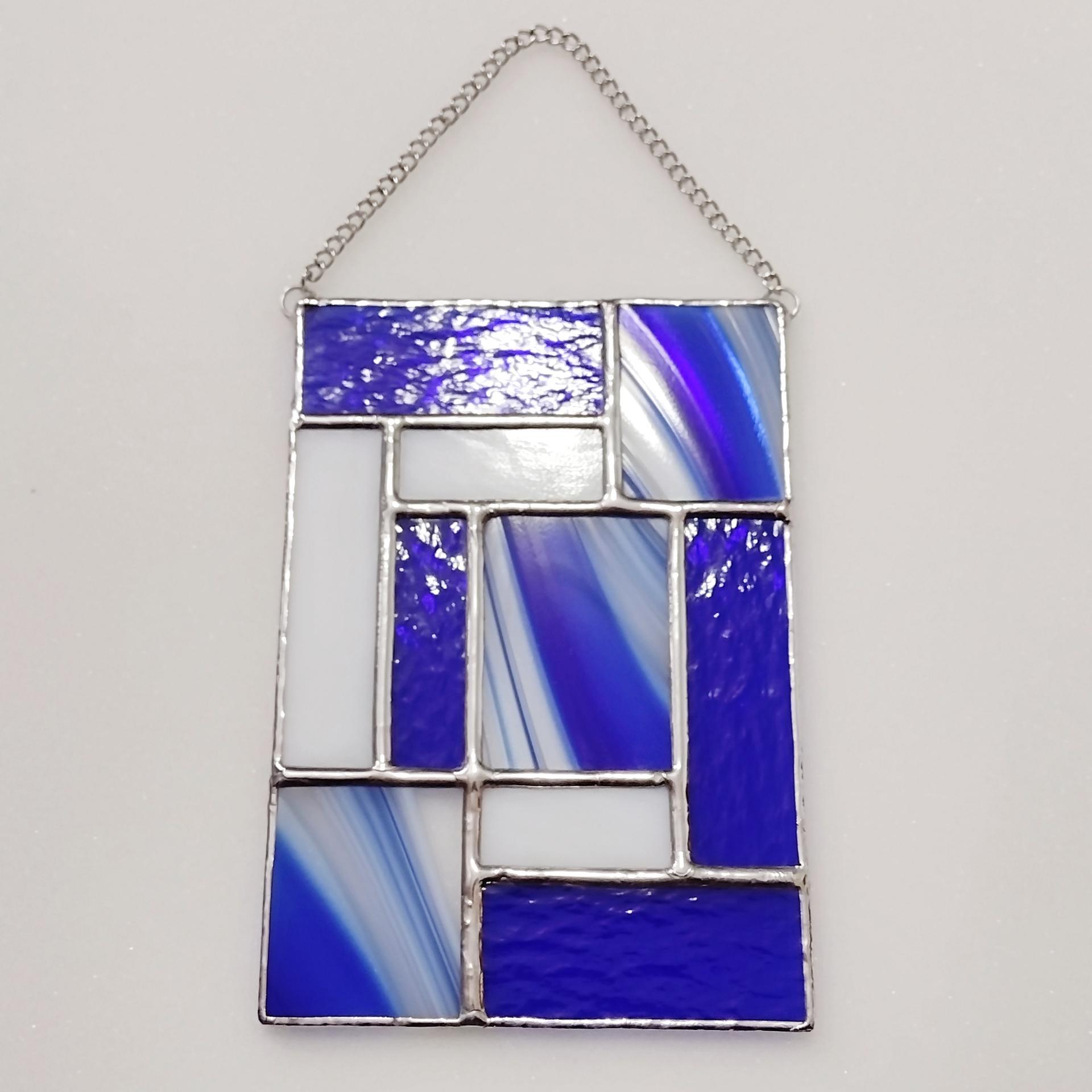 Blue and White Geometric Stained Glass Window Panel, Mondrian Suncatcher, Custom Colors Available