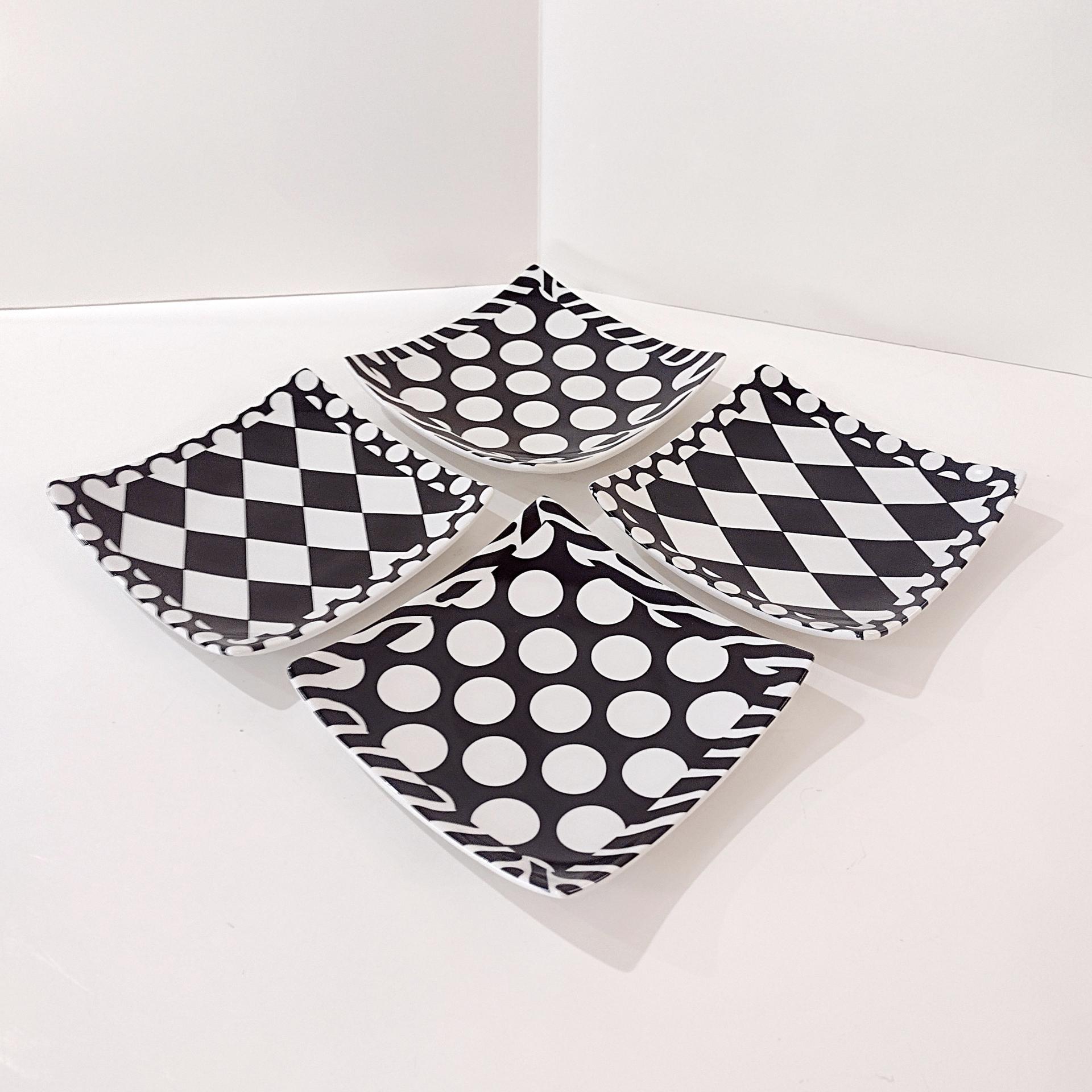 Vintage Black and White Checkered Polka Dot Cocktail Appetizer Plates, Set of 4