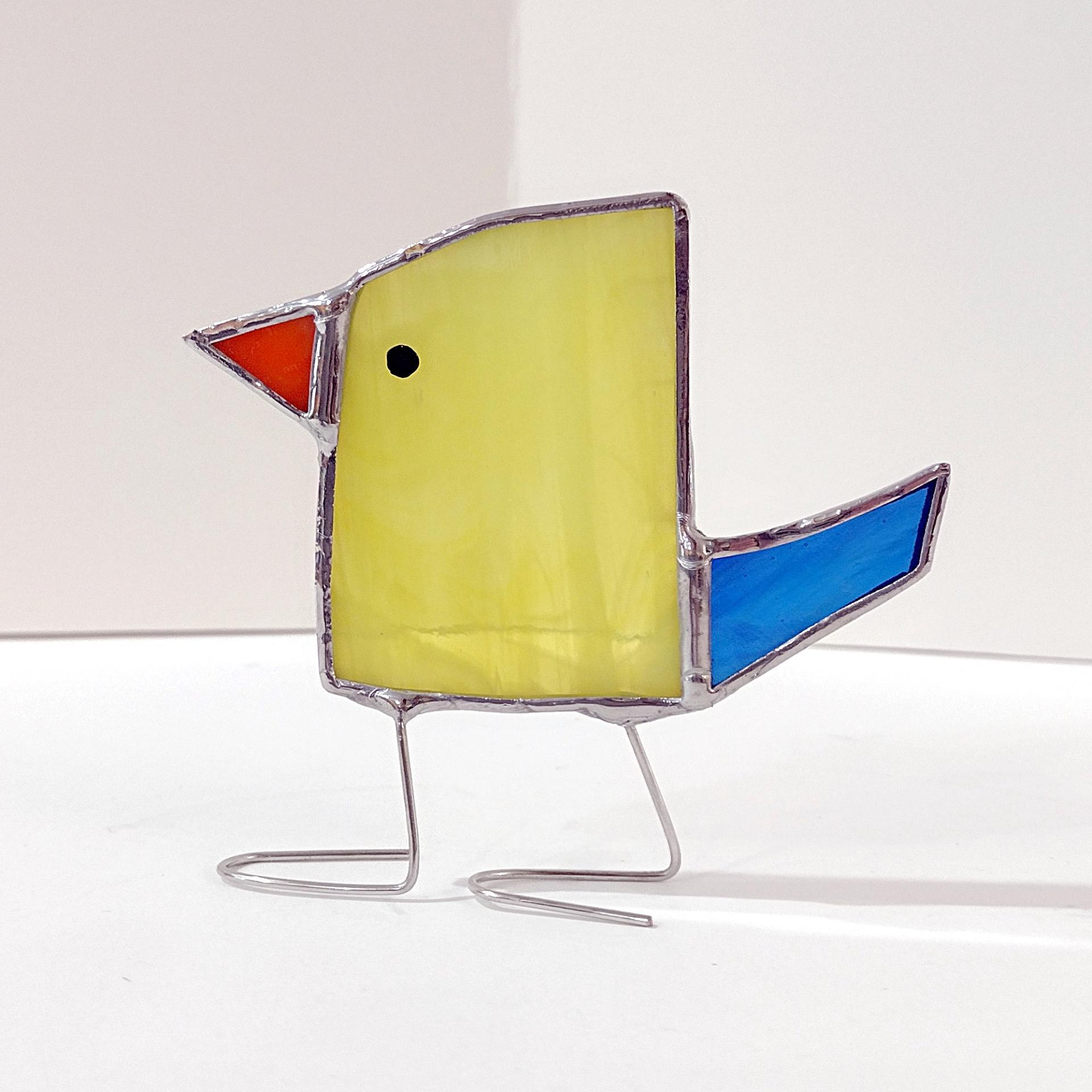 Stained Glass Standing Bird, Funky Yellow and Blue Glass Bird Suncatcher, Bird Lover Gift, Windowsill Sitter