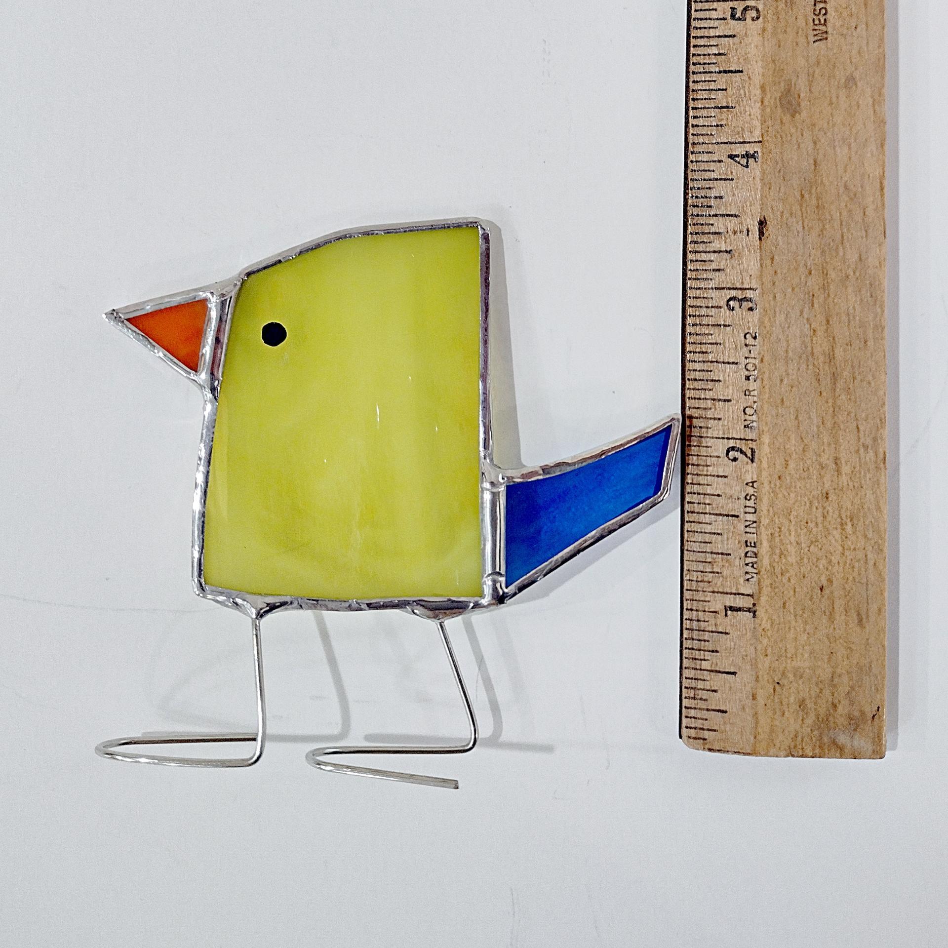 Stained Glass Standing Bird, Funky Yellow and Blue Glass Bird Suncatcher, Bird Lover Gift, Windowsill Sitter